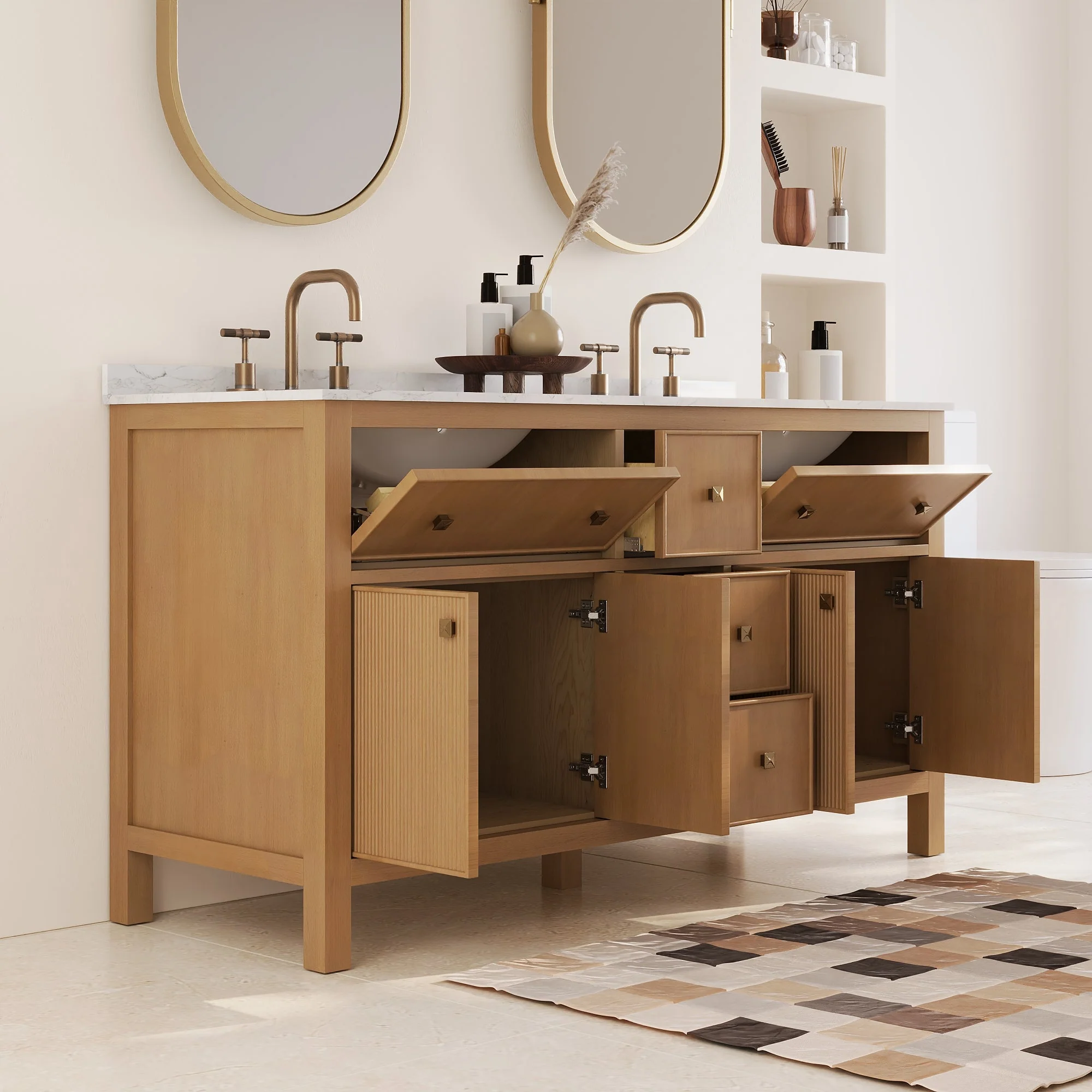 60" Pre-assembled Bathroom Vanity, with Soft Closing and Splash Guard, Natural Wood Color - Image 7
