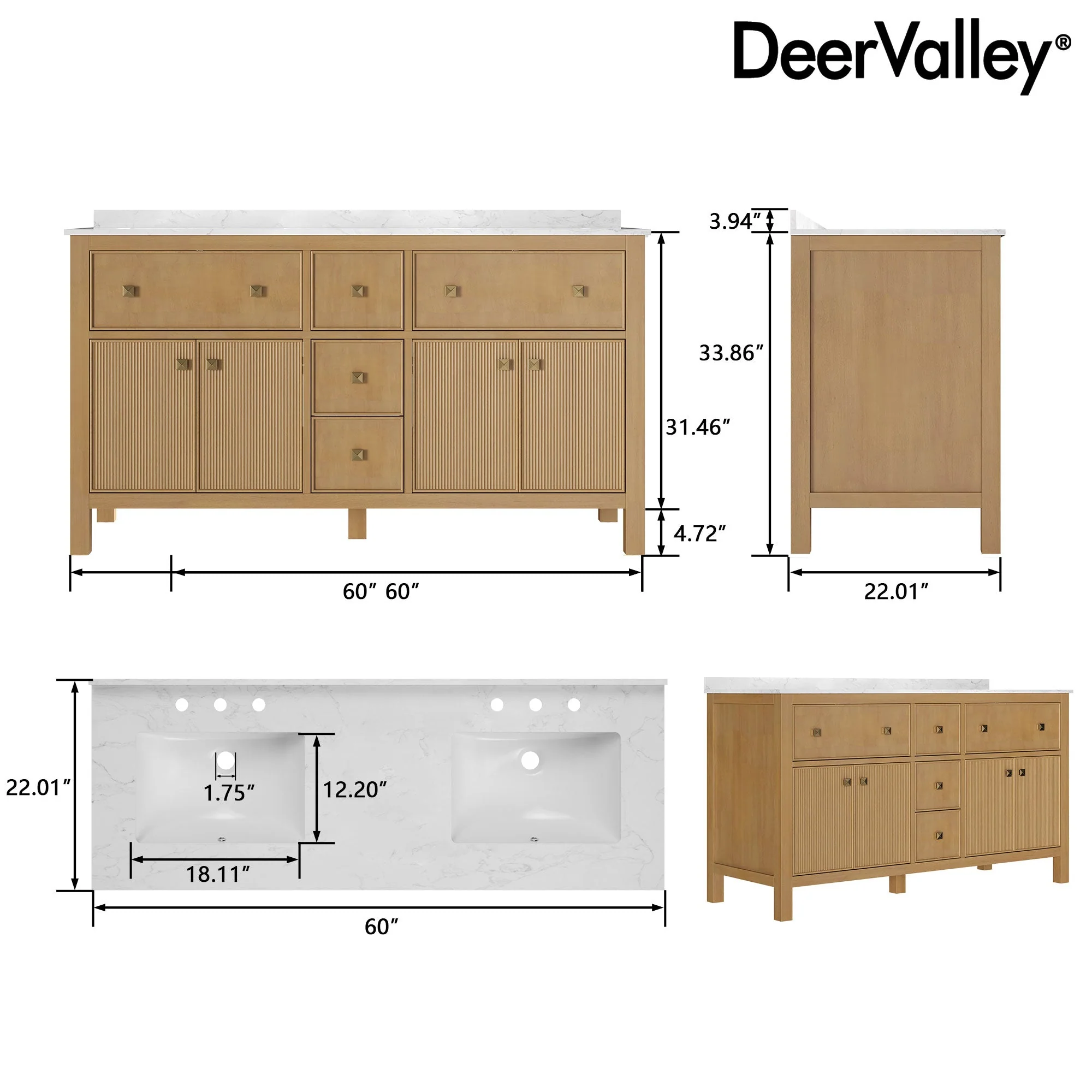 60" Pre-assembled Bathroom Vanity, with Soft Closing and Splash Guard, Natural Wood Color - Image 9