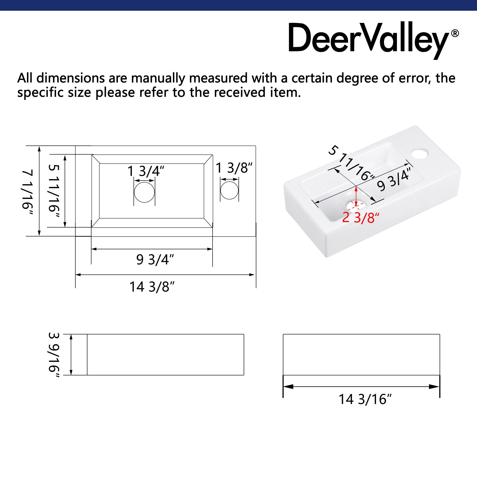 LIBERTY 14" Rectangular Wall-Mount Bathroom Sink, Space-saving - Image 8