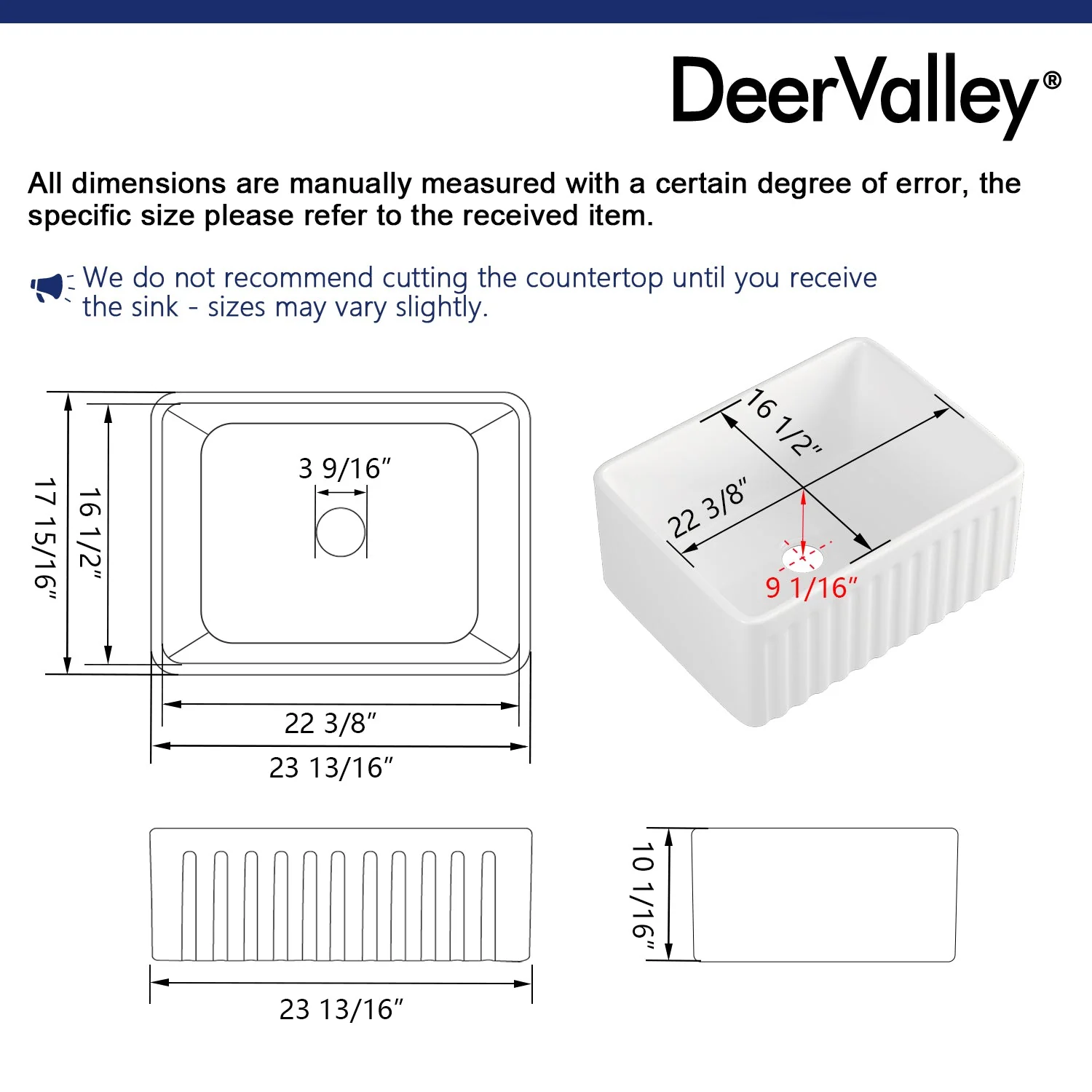 DeerValley DV-1K022 Farmhouse Kitchen Sinks 9" Deep Bowl Splash-Proof 3.5" Drain Compact - Image 8