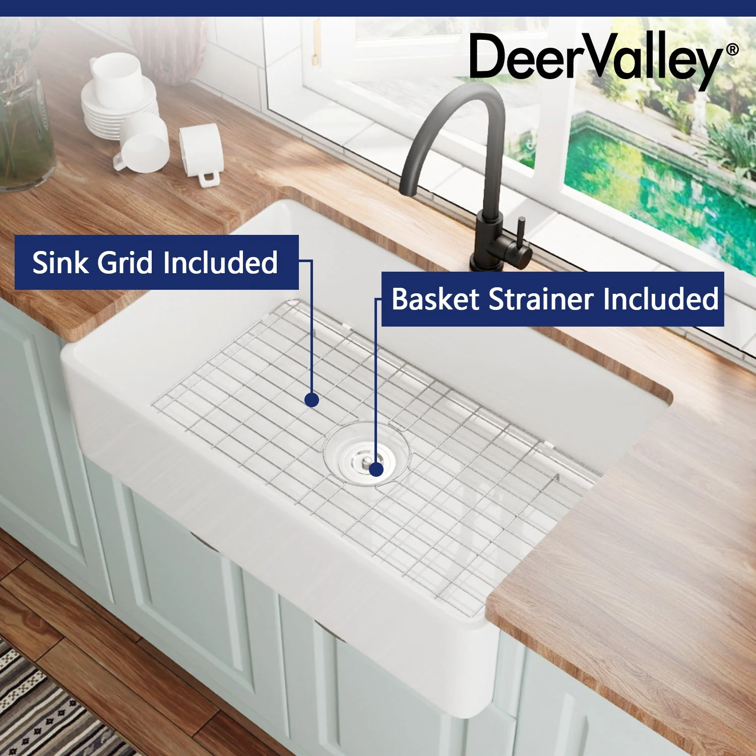 DeerValley DV-1K119 Farmhouse Kitchen Sinks Solid Cast Deep Bowl with Grid - Image 12