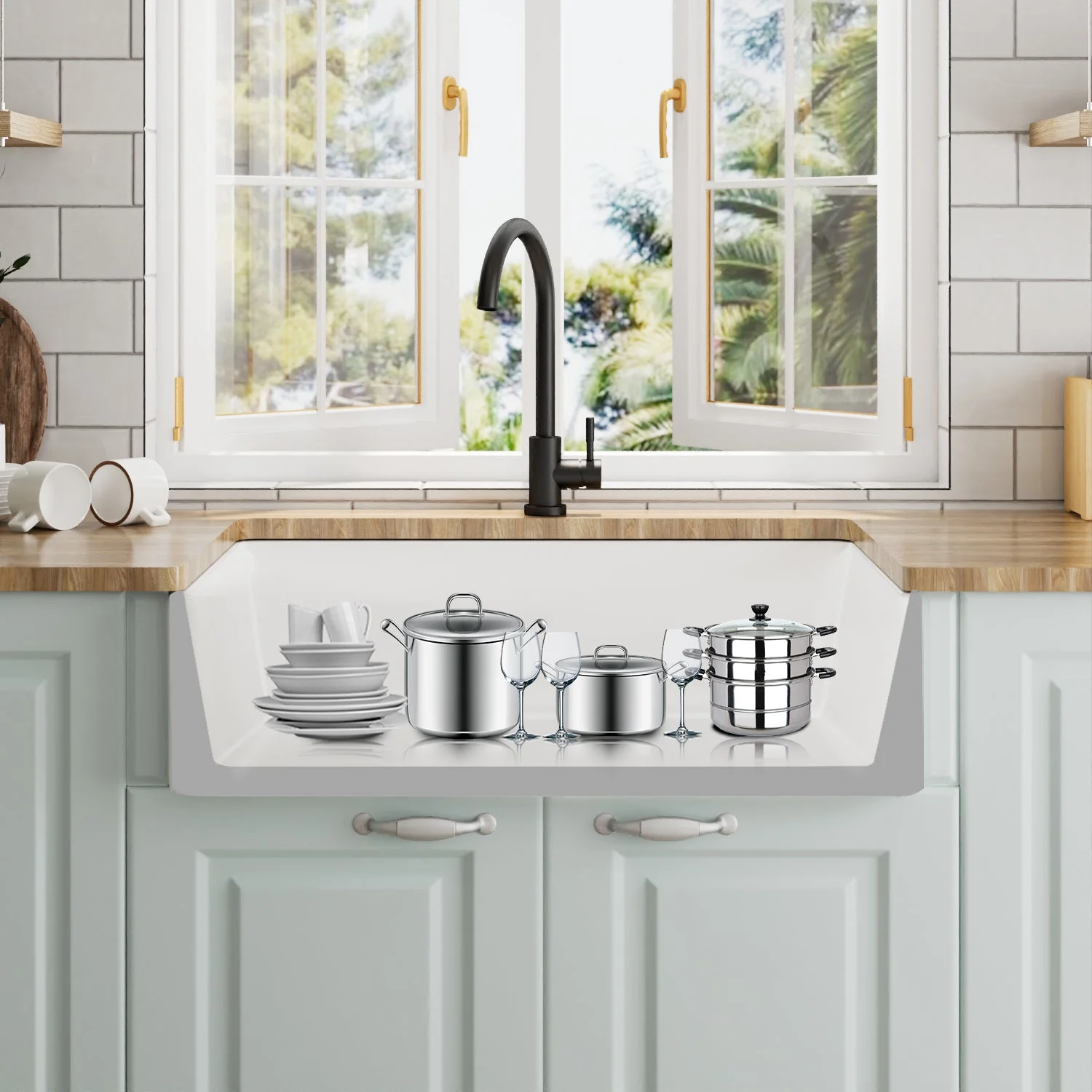 DeerValley DV-1K119 Farmhouse Kitchen Sinks Solid Cast Deep Bowl with Grid - Image 14