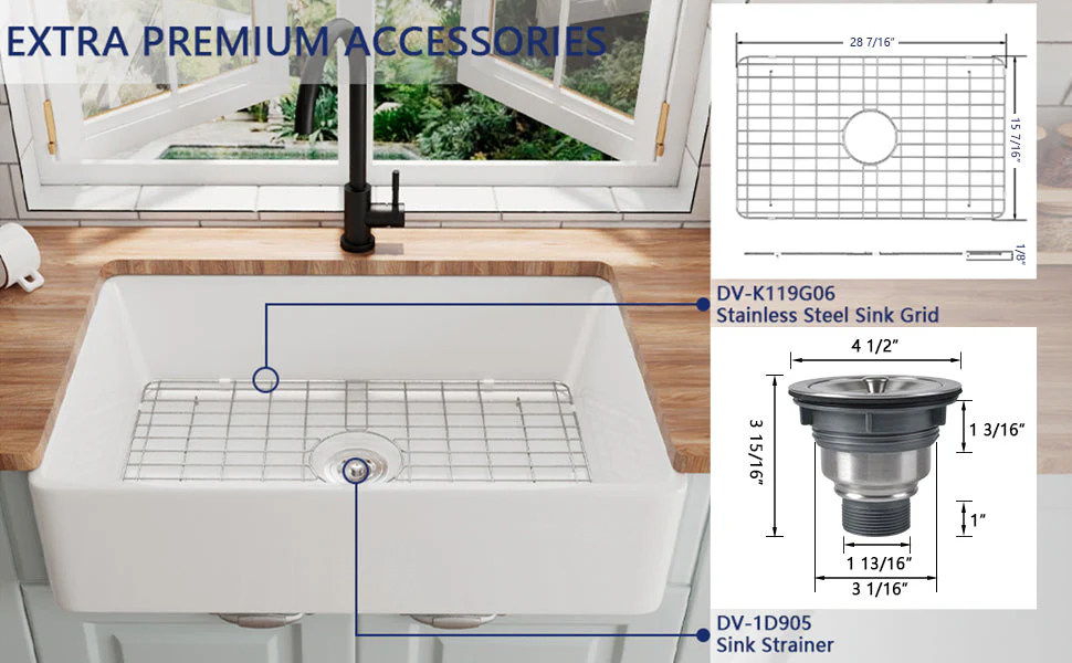 DeerValley DV-1K119 Farmhouse Kitchen Sinks Solid Cast Deep Bowl with Grid - Image 9