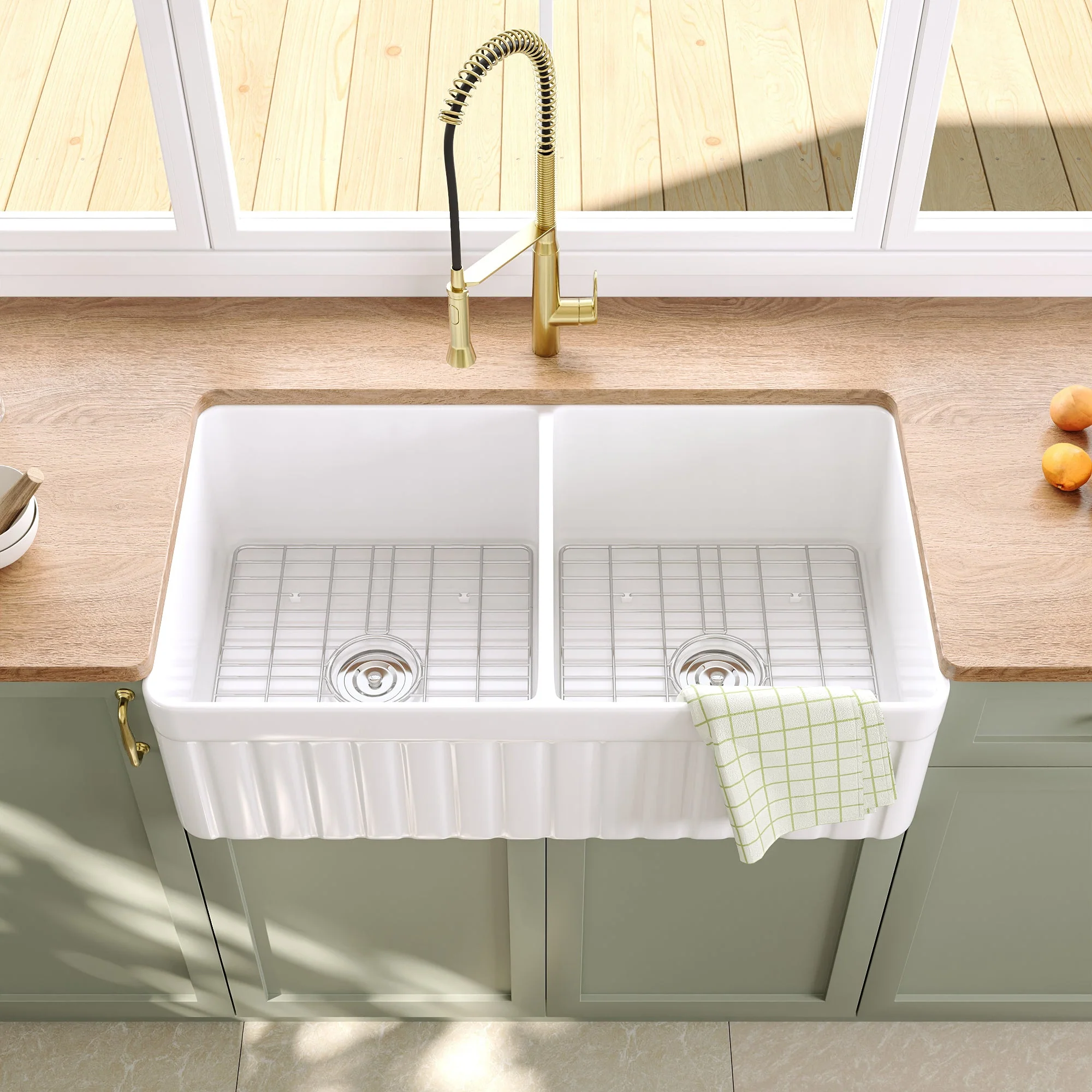 DeerValley DV-1K503 Farmhouse Kitchen Sinks Deep Dual Bowl Chip Resistant - Image 4