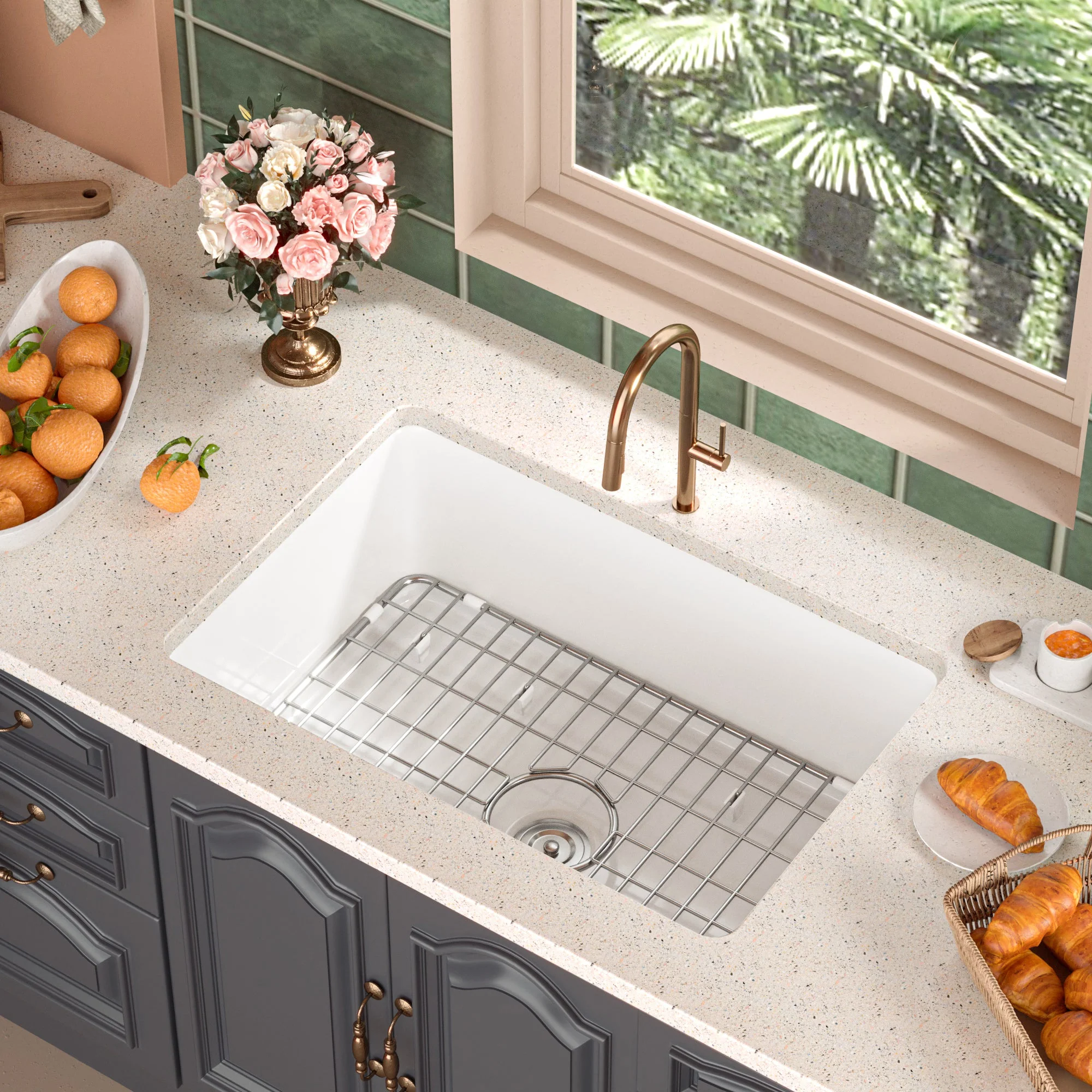 DeerValley DV-1K509 Fireclay Kitchen Sink Dual Mount Deep Bowl with Grid and Strainer - Image 10