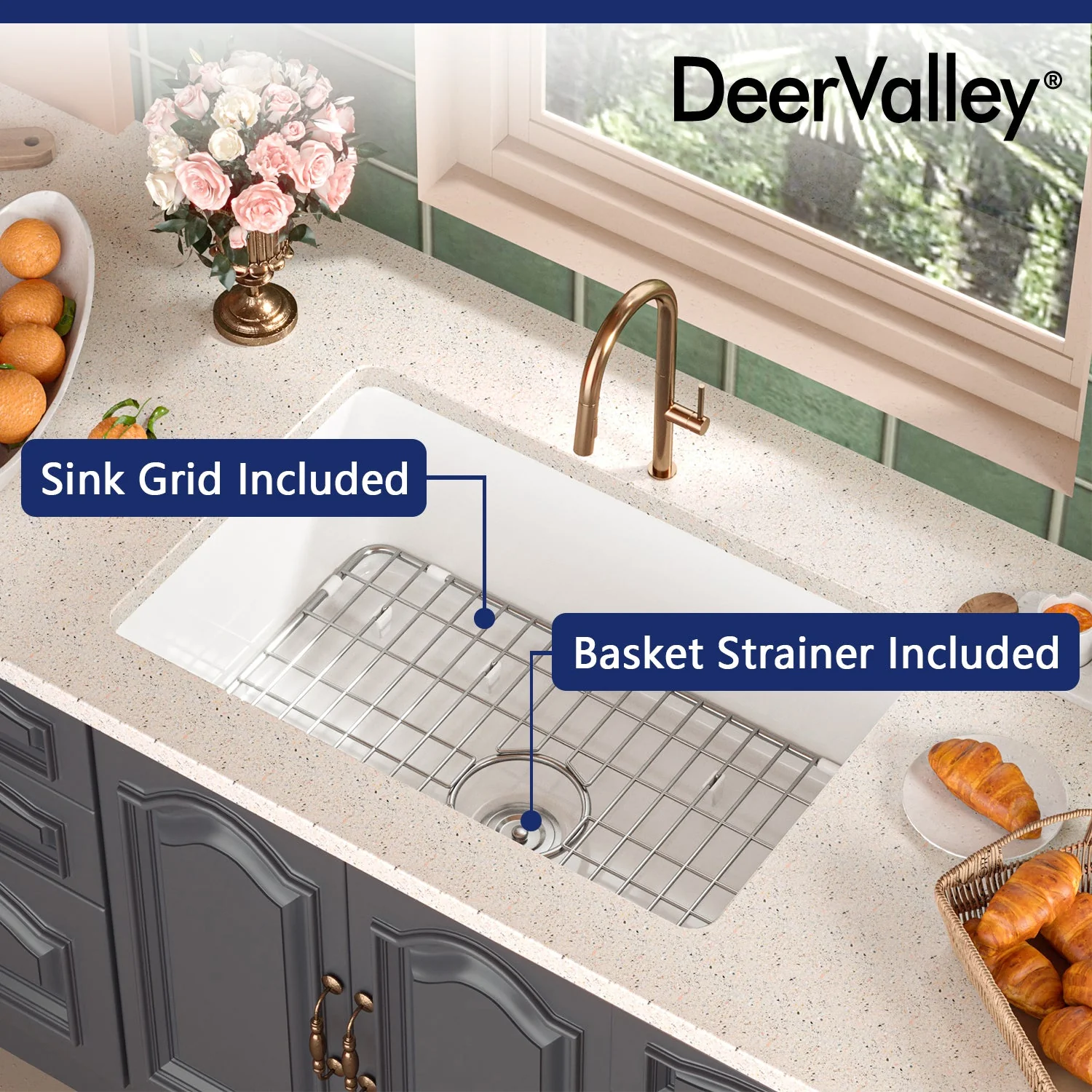 DeerValley DV-1K509 Fireclay Kitchen Sink Dual Mount Deep Bowl with Grid and Strainer - Image 13