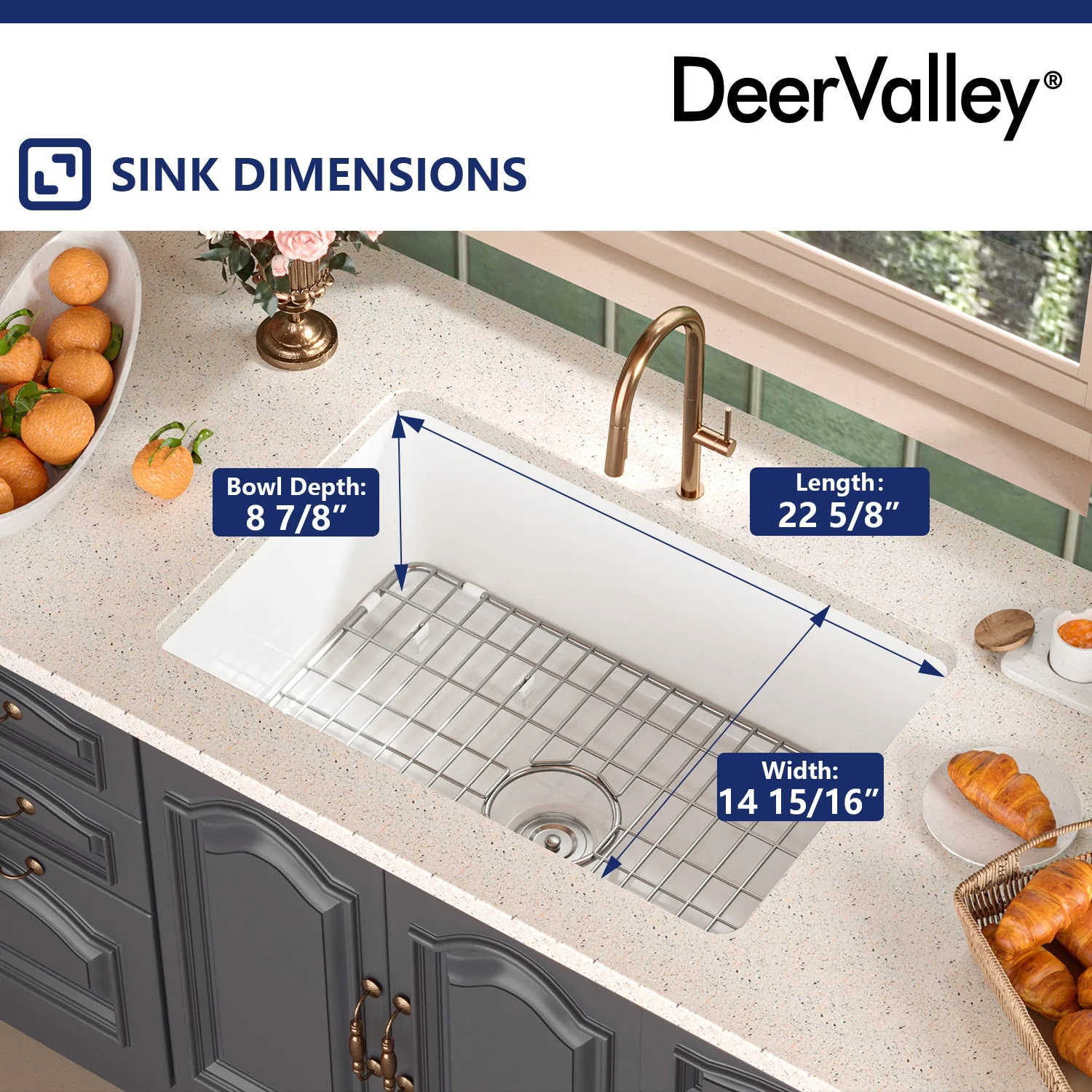 DeerValley DV-1K509 Fireclay Kitchen Sink Dual Mount Deep Bowl with Grid and Strainer - Image 14