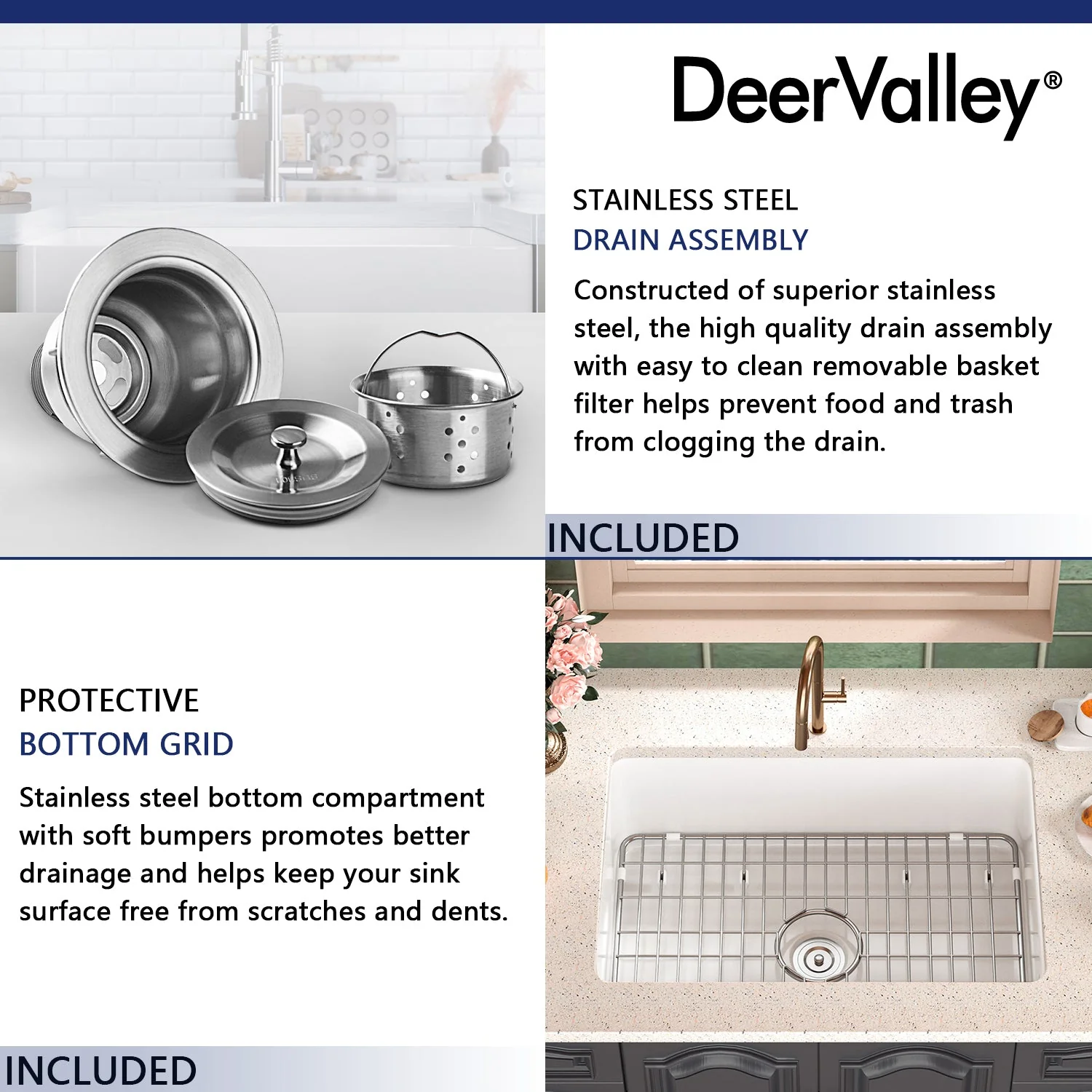 DeerValley DV-1K509 Fireclay Kitchen Sink Dual Mount Deep Bowl with Grid and Strainer - Image 16