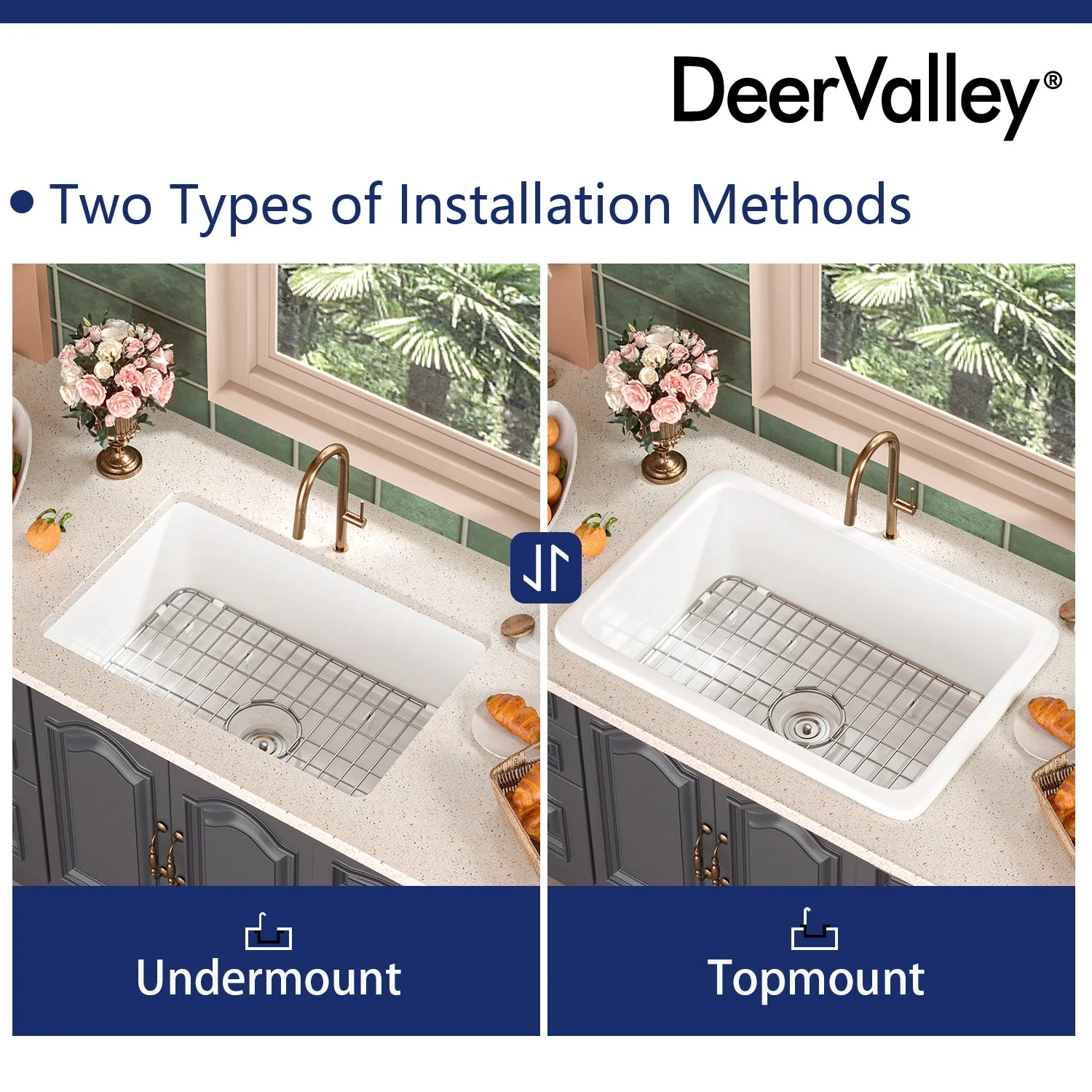 DeerValley DV-1K509 Fireclay Kitchen Sink Dual Mount Deep Bowl with Grid and Strainer - Image 17