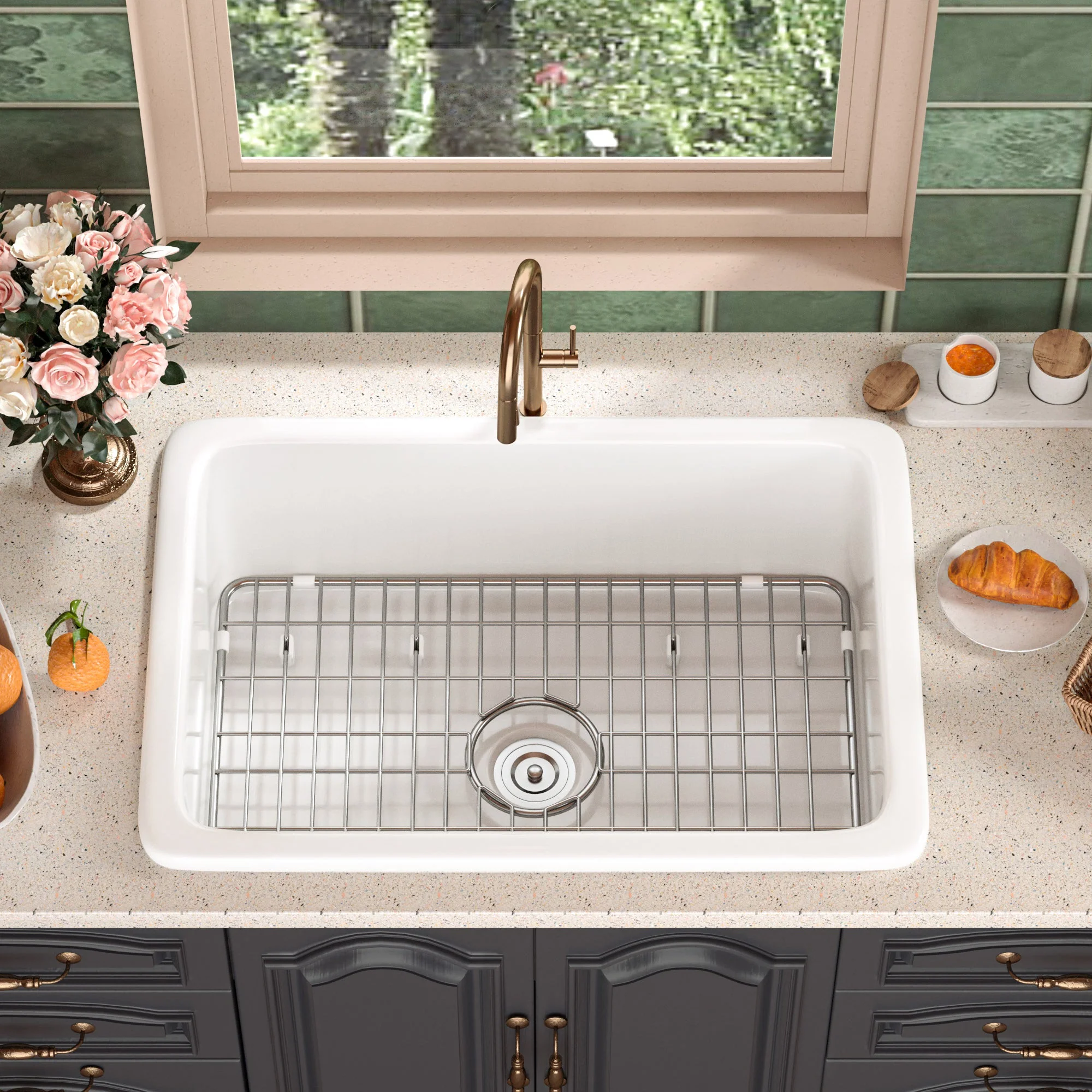 DeerValley DV-1K509 Fireclay Kitchen Sink Dual Mount Deep Bowl with Grid and Strainer - Image 4
