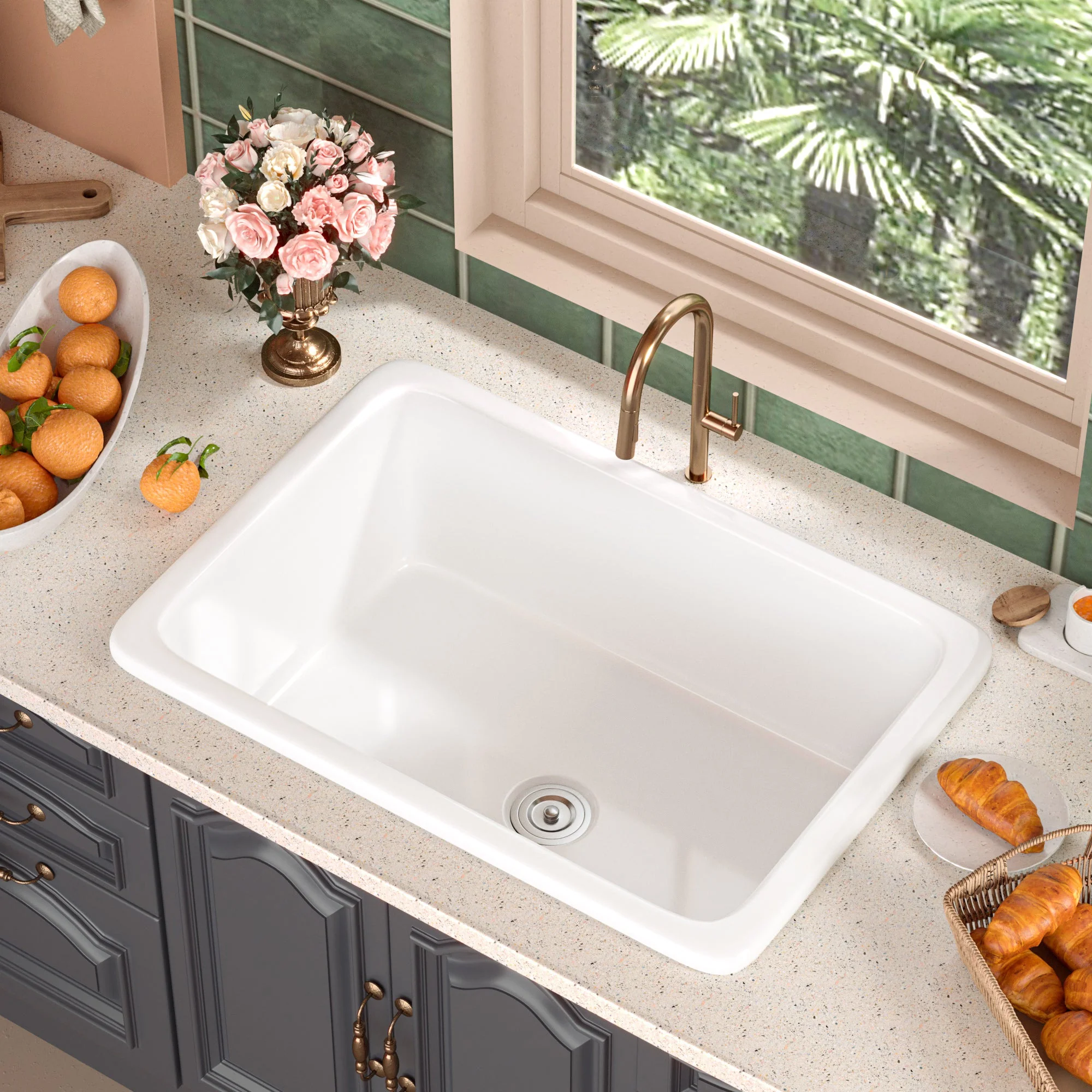 DeerValley DV-1K509 Fireclay Kitchen Sink Dual Mount Deep Bowl with Grid and Strainer - Image 5