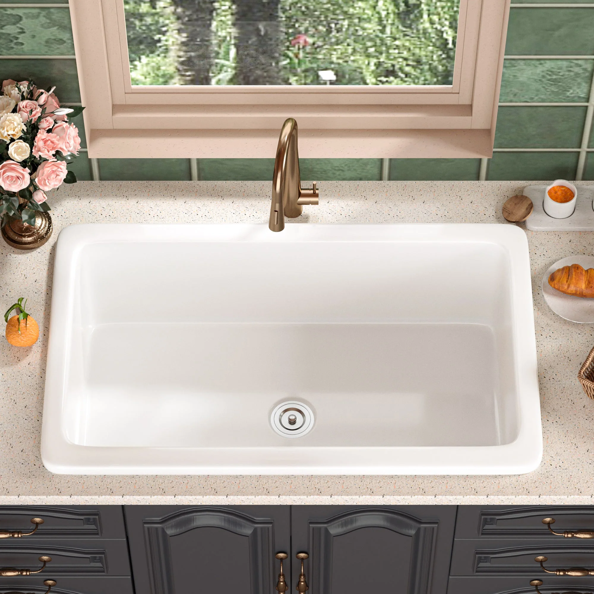 DeerValley DV-1K513 Undermount Kitchen Sinks Fireclay Single Bowl with Grid & Strainer - Image 3