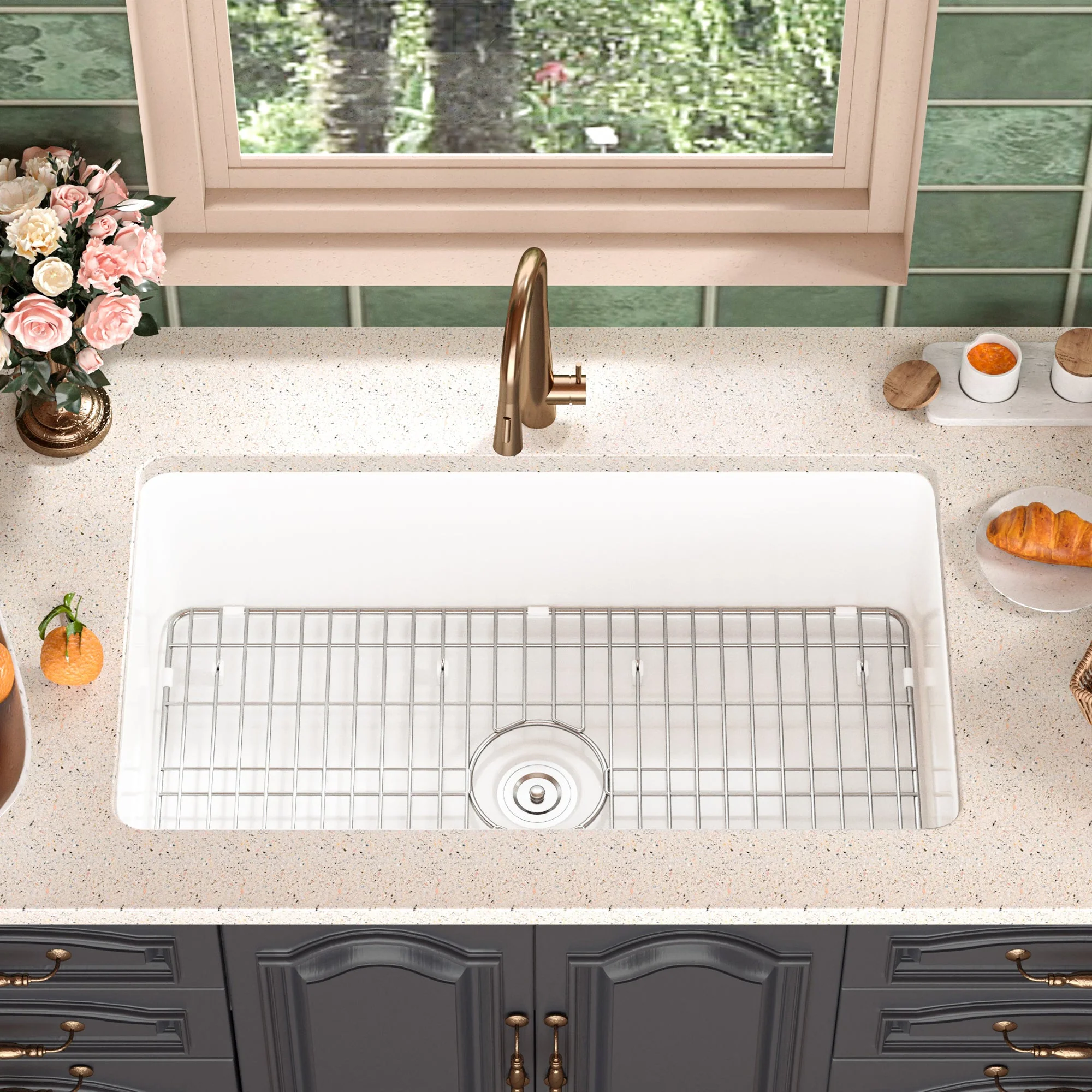 DeerValley DV-1K513 Undermount Kitchen Sinks Fireclay Single Bowl with Grid & Strainer - Image 4