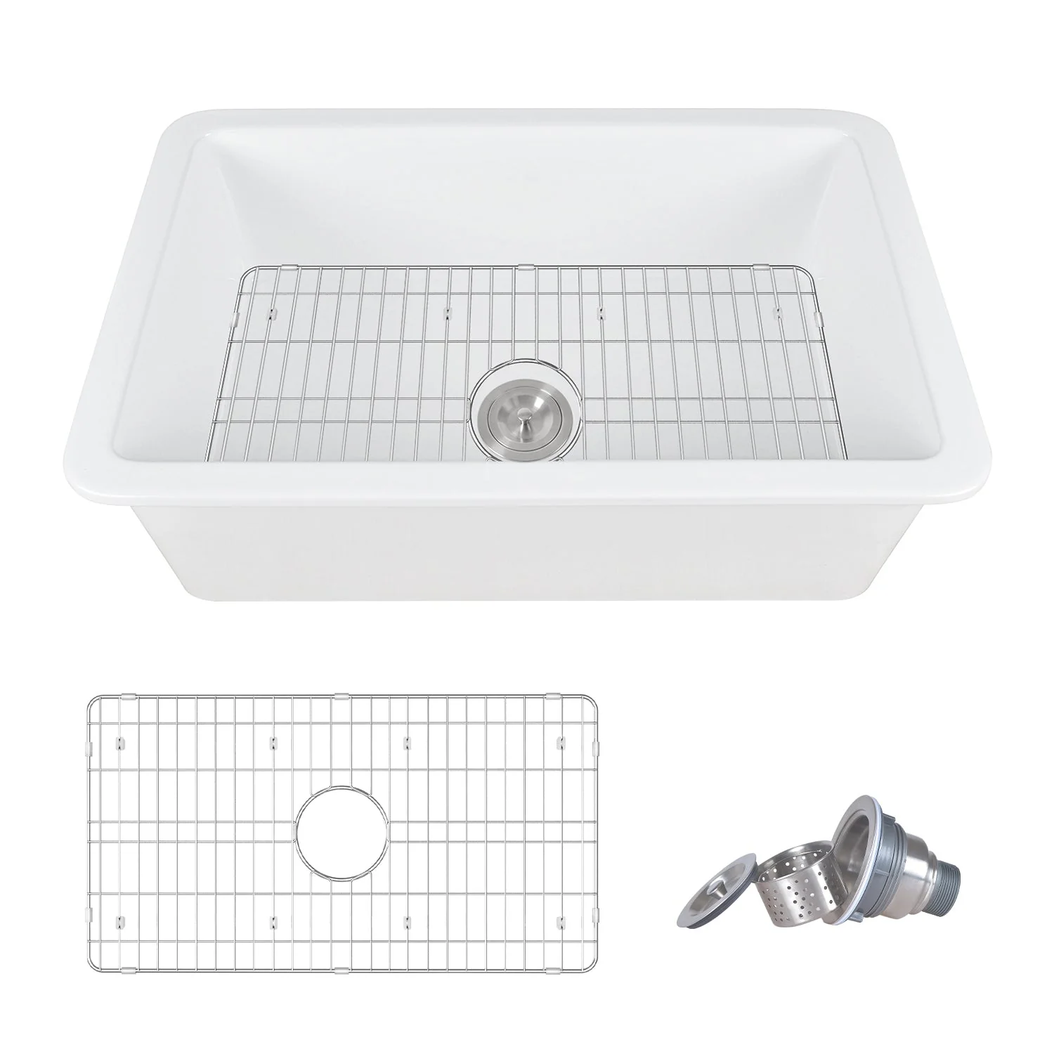 DeerValley DV-1K513 Undermount Kitchen Sinks Fireclay Single Bowl with Grid & Strainer - Image 6