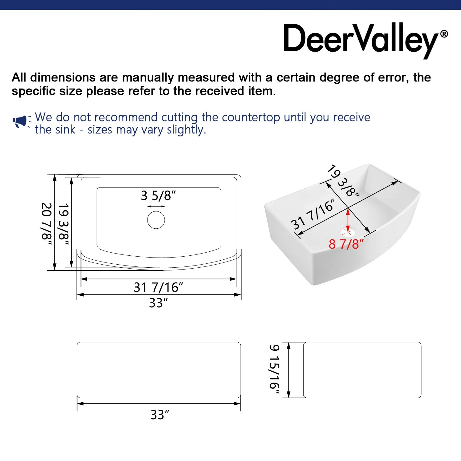 DeerValley DV-1K516 Farmhouse Kitchen Sinks Ergonomic 33" Fireclay 2200°F 3.5" Drain - Image 9