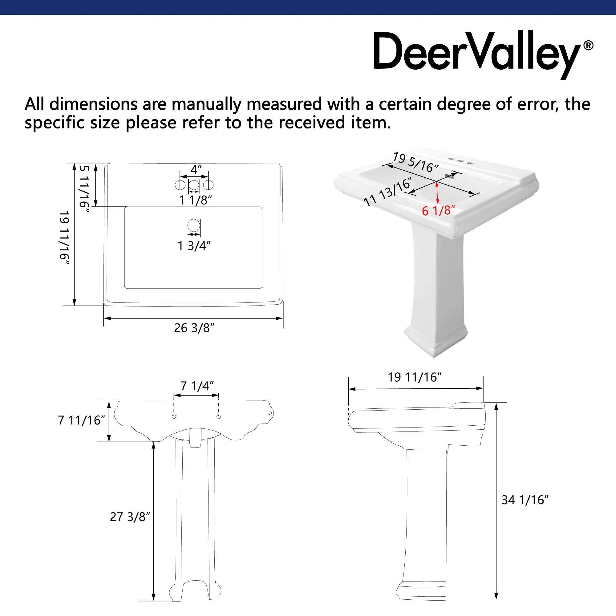 DeerValley DV-1P521 Pedestal Sinks Classic Deep Basin Ceramic Overflow - Image 7