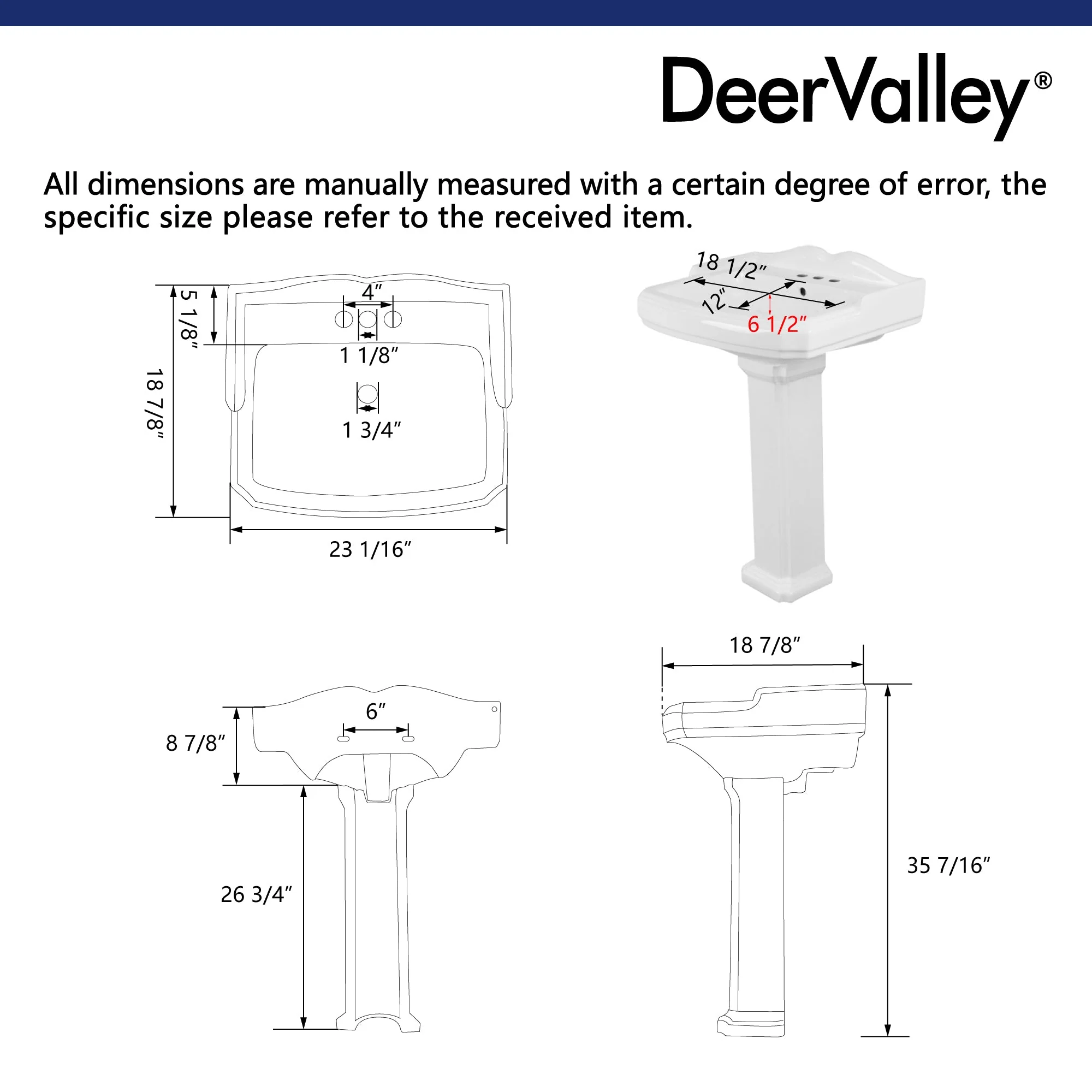 DeerValley DV-1P522 Pedestal Sinks 23-Inch Backsplash Deep Basin Overflow - Image 7