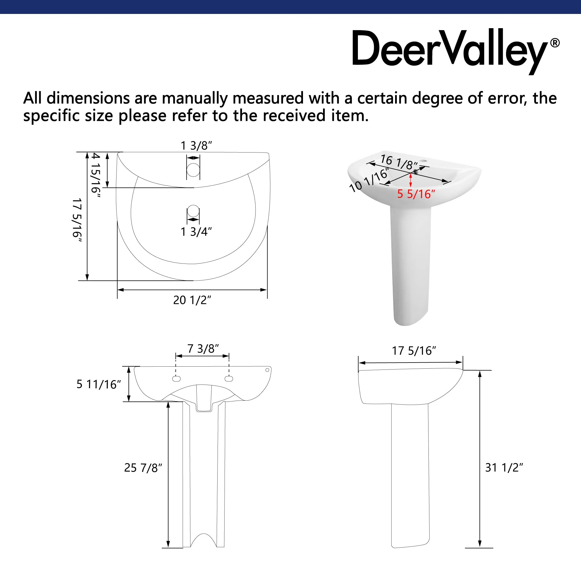 DeerValley DV-1P523 Pedestal Sinks Modern Compact Ceramic Overflow - Image 11