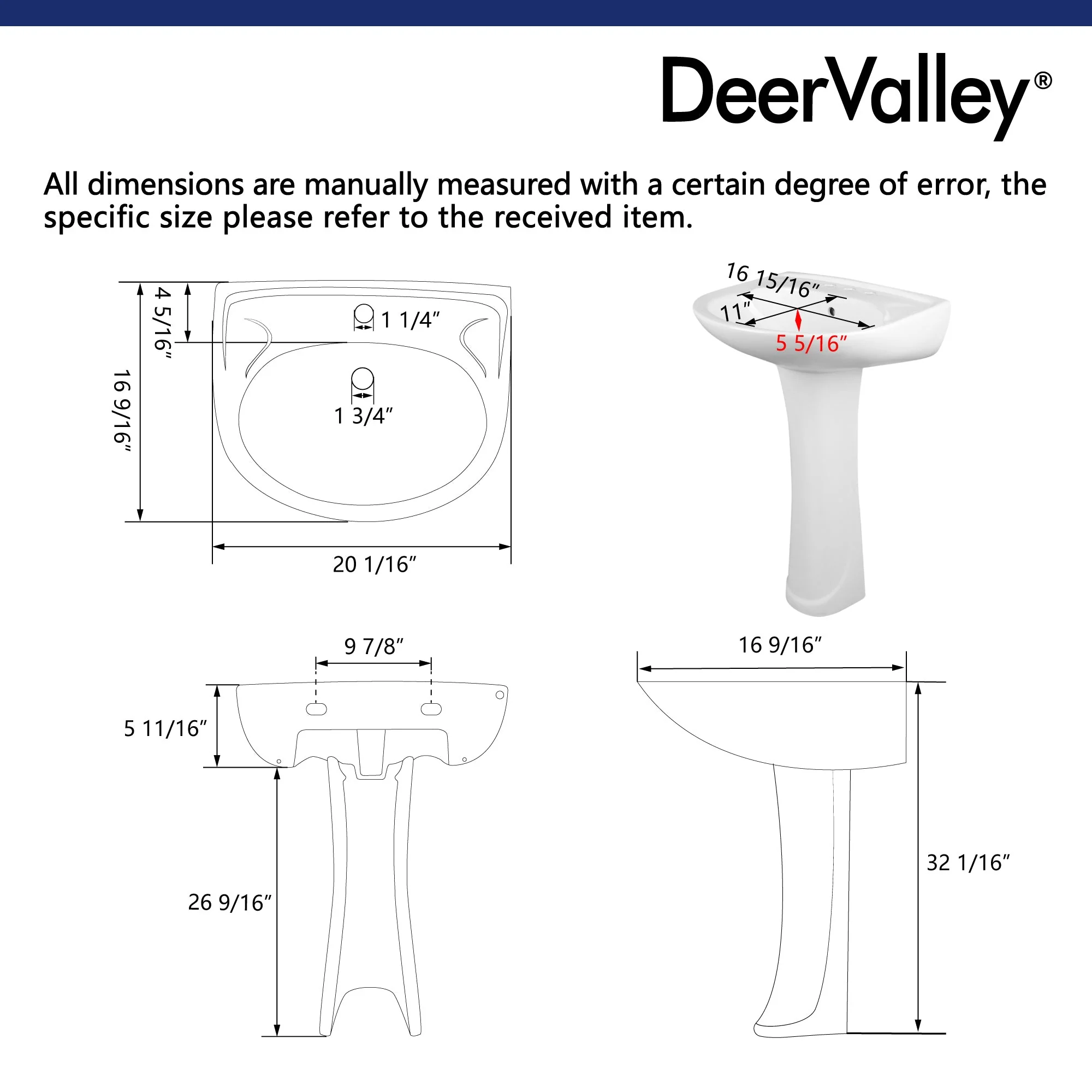 DeerValley DV-1P525 20" X 17" U-Shape Pedestal Bathroom Sink, Overflow Hole With Multiple Types - Image 16