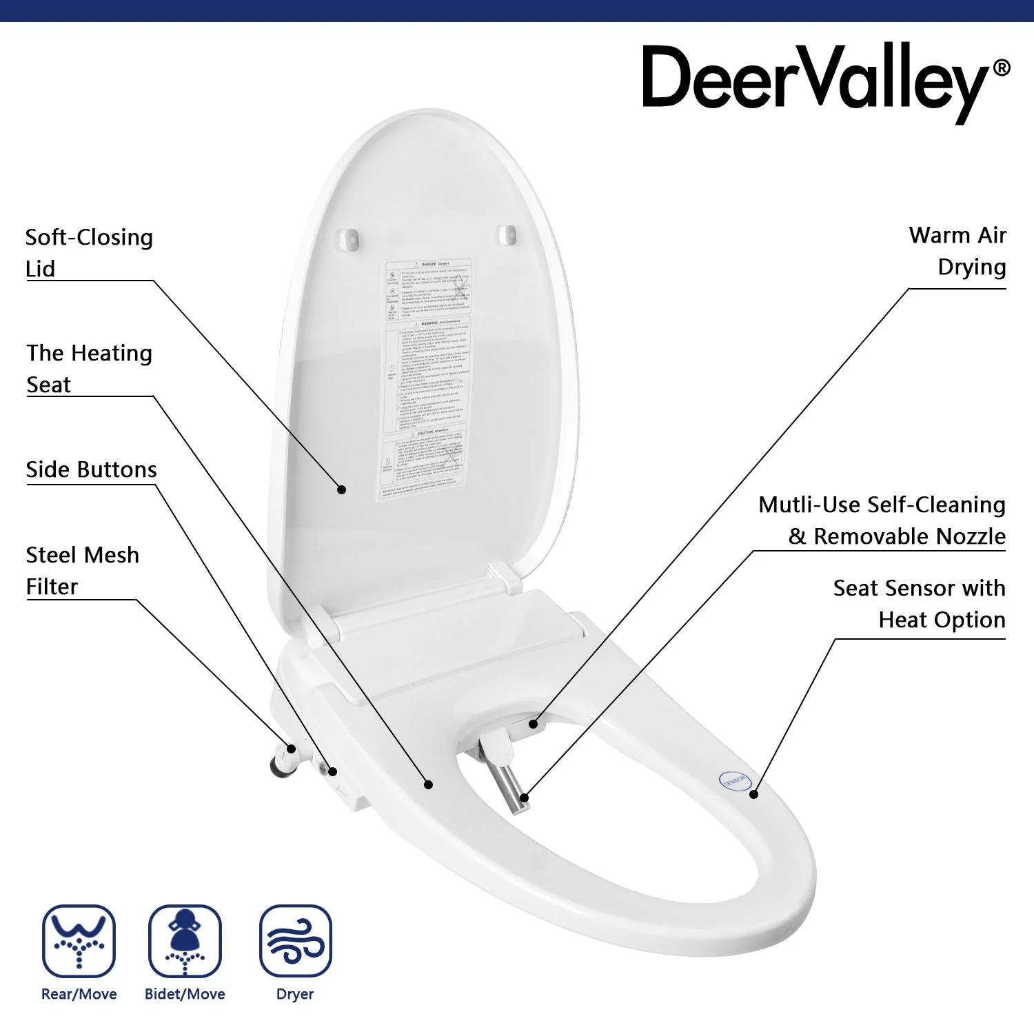 DeerValley DV-1S0018 Elongated Bidet Toilet Seat with Wireless Remote - Image 7