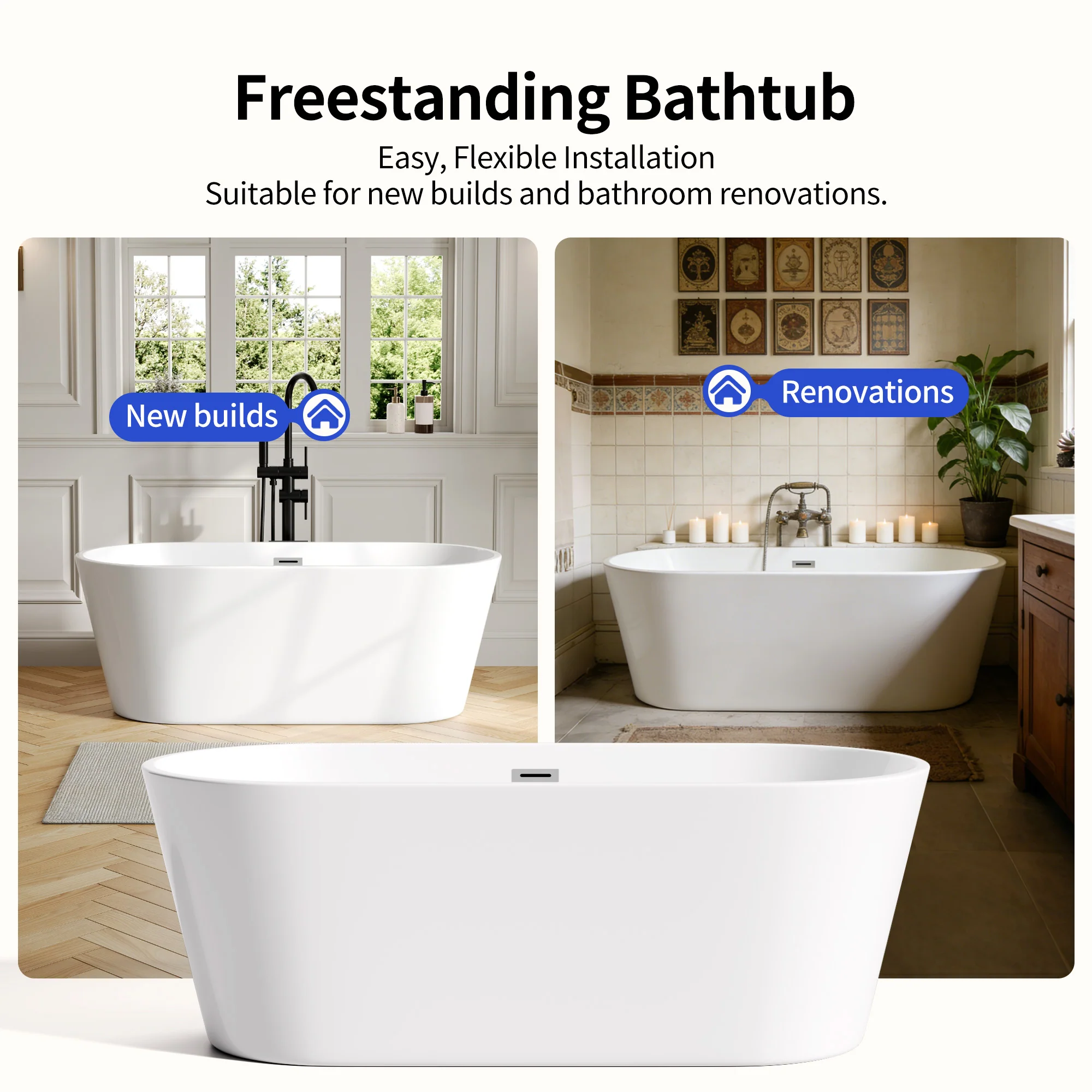 DeerValley DV-1T131S 59"Acrylic Freestanding Bathtub, Deep Soaking Tub with Center Drain & Integrated Overflow, Modern White Standalone Shower Tub Ergonomic Design - Image 14