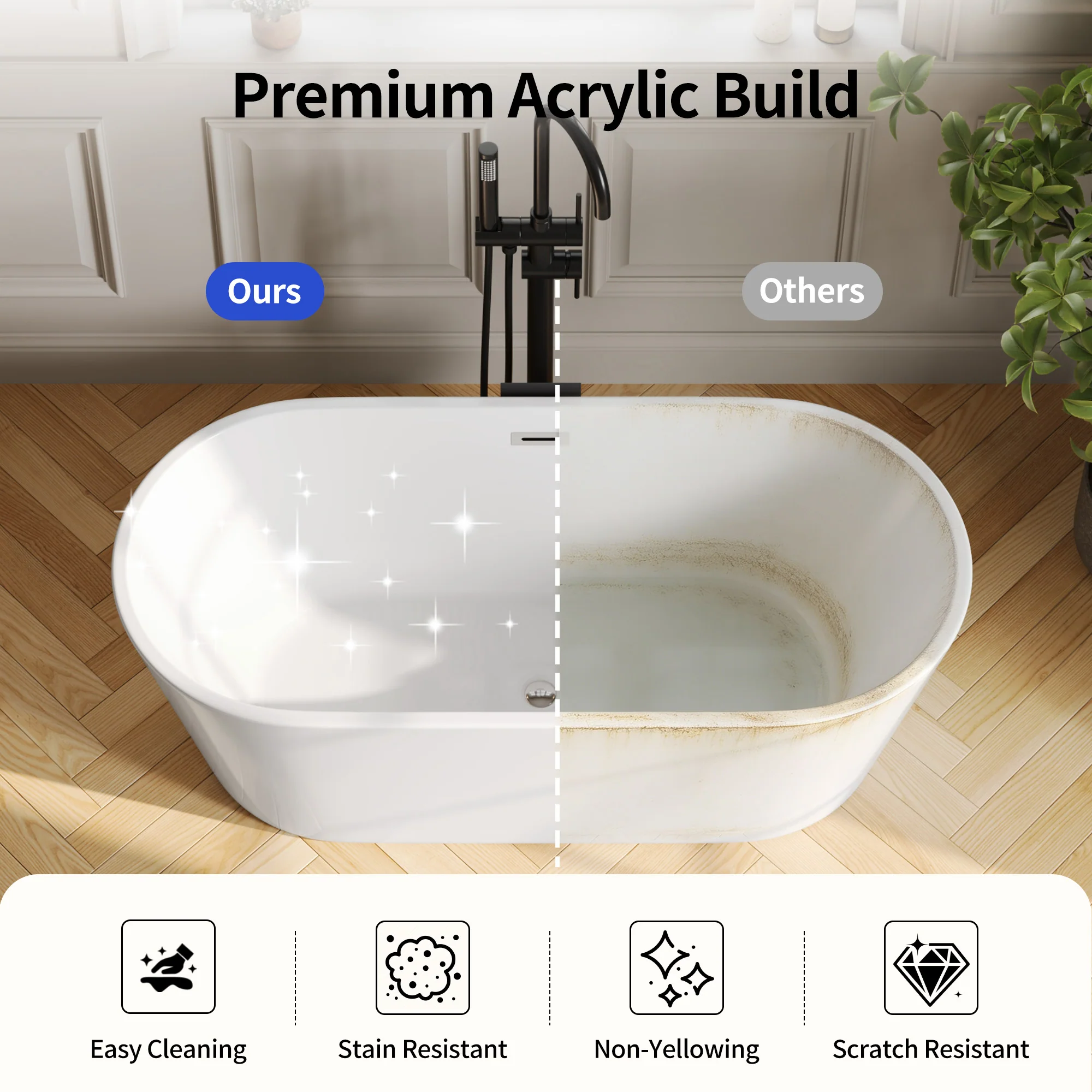 DeerValley DV-1T131S 59"Acrylic Freestanding Bathtub, Deep Soaking Tub with Center Drain & Integrated Overflow, Modern White Standalone Shower Tub Ergonomic Design - Image 16