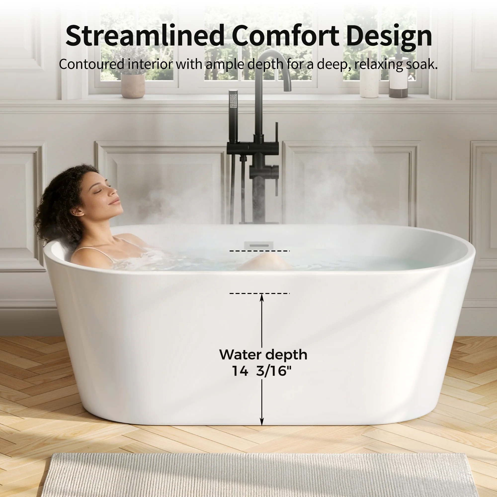 DeerValley DV-1T131S 59"Acrylic Freestanding Bathtub, Deep Soaking Tub with Center Drain & Integrated Overflow, Modern White Standalone Shower Tub Ergonomic Design - Image 18