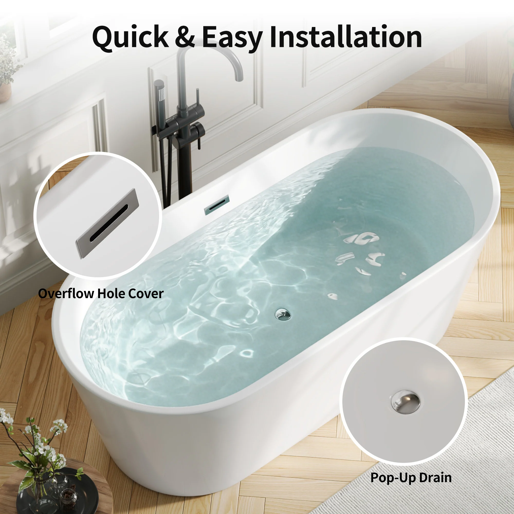 DeerValley DV-1T131S 59"Acrylic Freestanding Bathtub, Deep Soaking Tub with Center Drain & Integrated Overflow, Modern White Standalone Shower Tub Ergonomic Design - Image 19