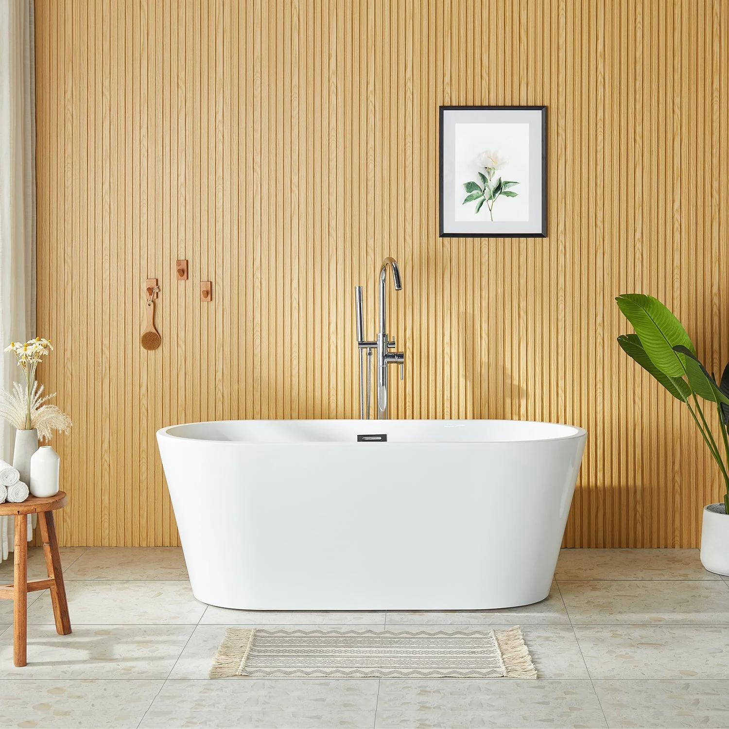 DeerValley DV-1T131S 59"Acrylic Freestanding Bathtub, Deep Soaking Tub with Center Drain & Integrated Overflow, Modern White Standalone Shower Tub Ergonomic Design - Image 3