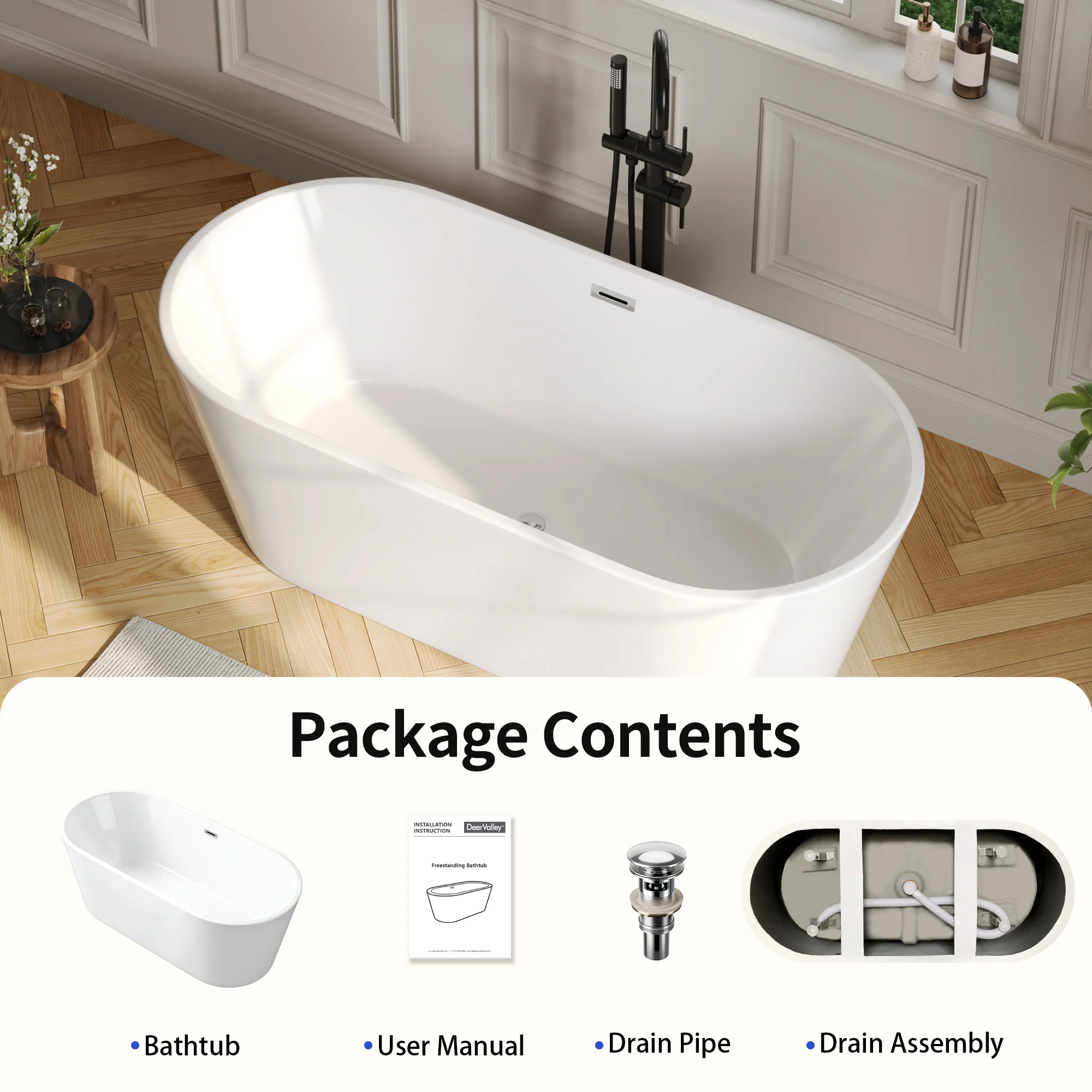 DeerValley DV-1T133S 67"Acrylic Freestanding Bathtub, Deep Soaking Tub with Center Drain & Integrated Overflow, Modern White Standalone Shower Tub Ergonomic Design - Image 11