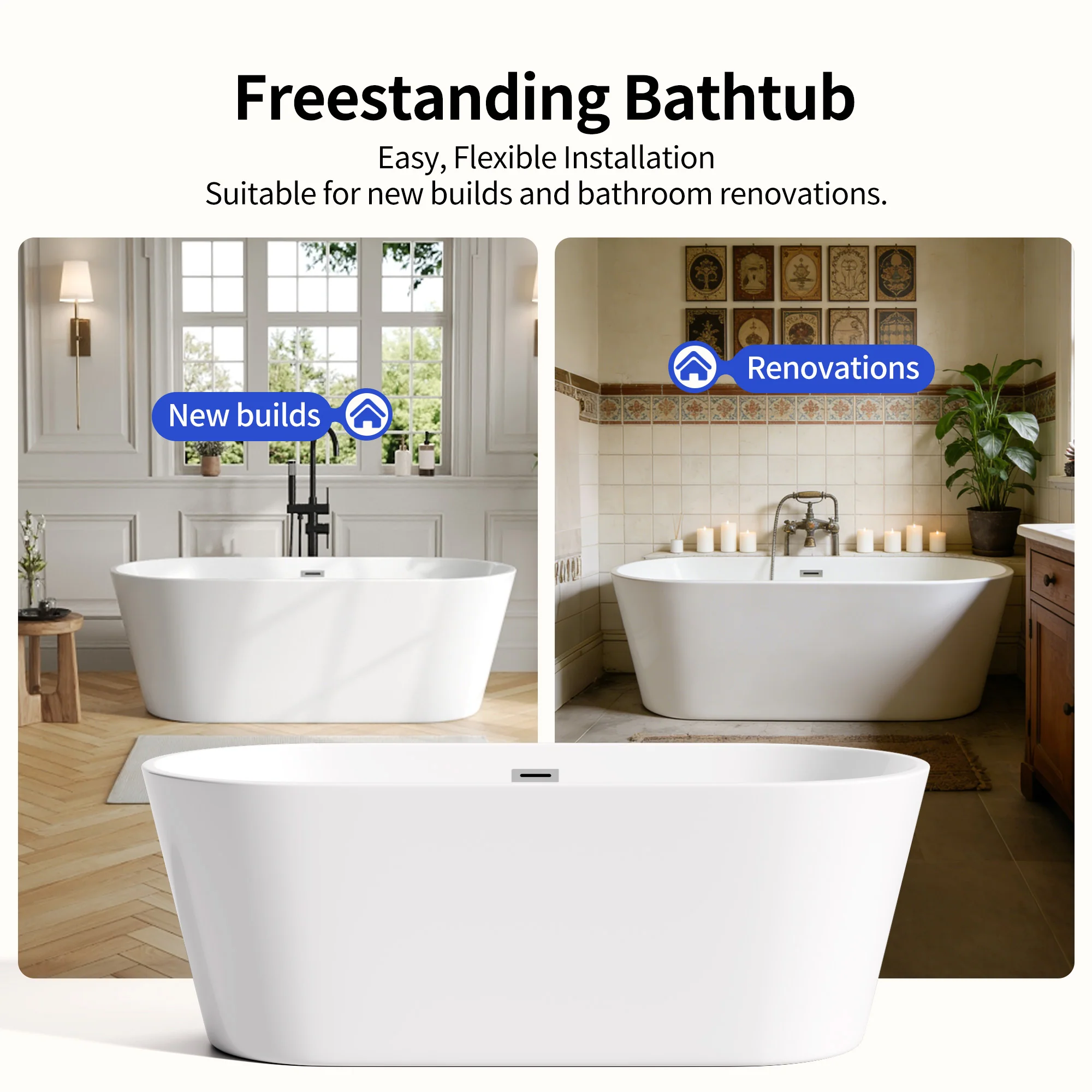 DeerValley DV-1T133S 67"Acrylic Freestanding Bathtub, Deep Soaking Tub with Center Drain & Integrated Overflow, Modern White Standalone Shower Tub Ergonomic Design - Image 13