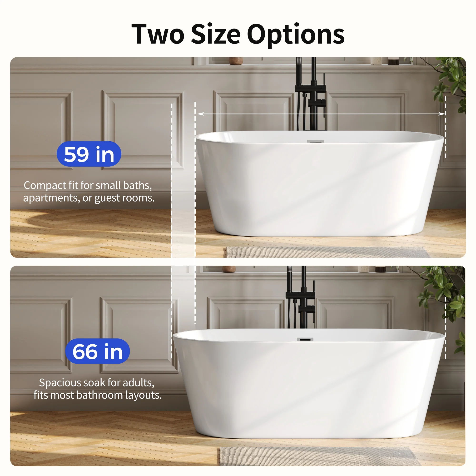 DeerValley DV-1T133S 67"Acrylic Freestanding Bathtub, Deep Soaking Tub with Center Drain & Integrated Overflow, Modern White Standalone Shower Tub Ergonomic Design - Image 14