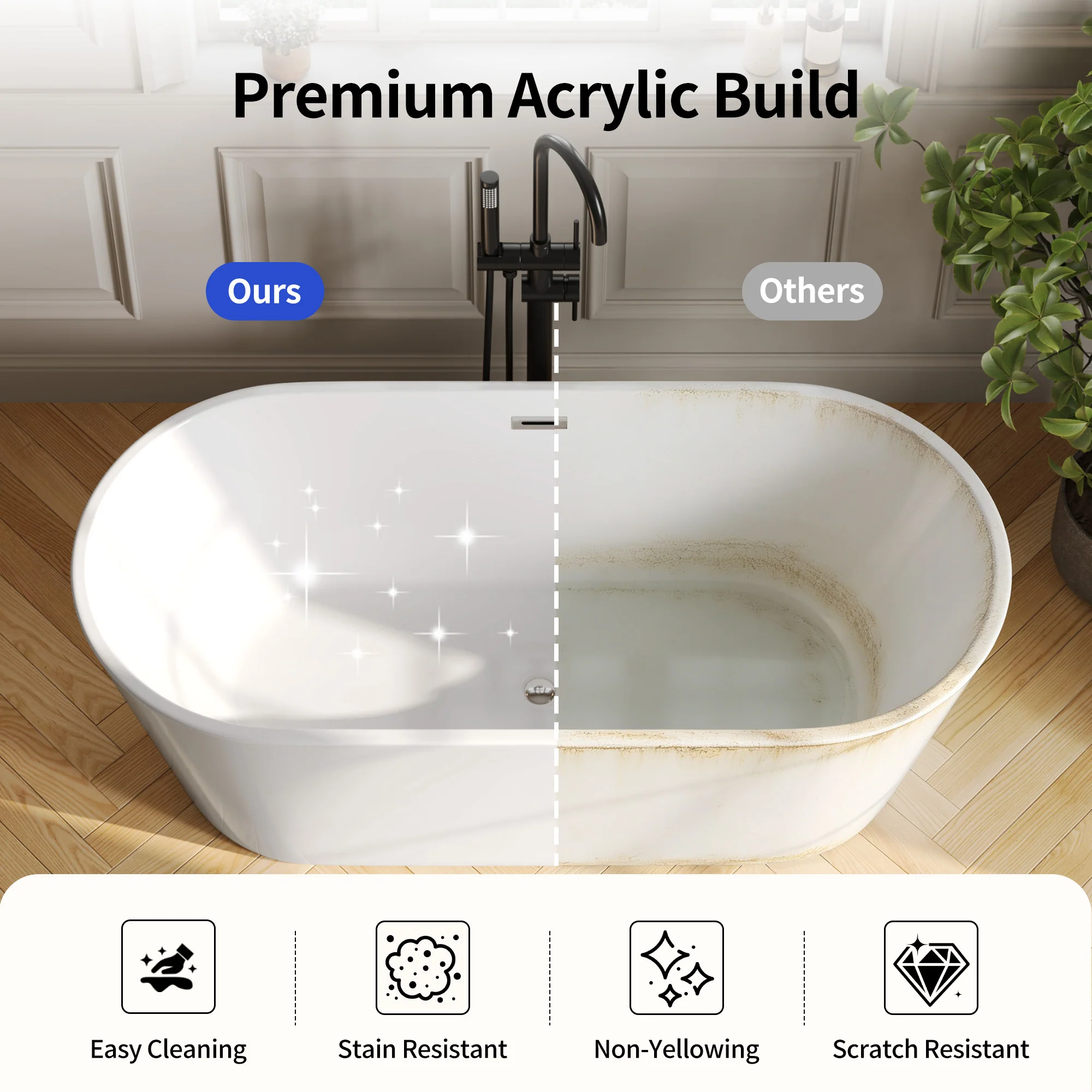 DeerValley DV-1T133S 67"Acrylic Freestanding Bathtub, Deep Soaking Tub with Center Drain & Integrated Overflow, Modern White Standalone Shower Tub Ergonomic Design - Image 15