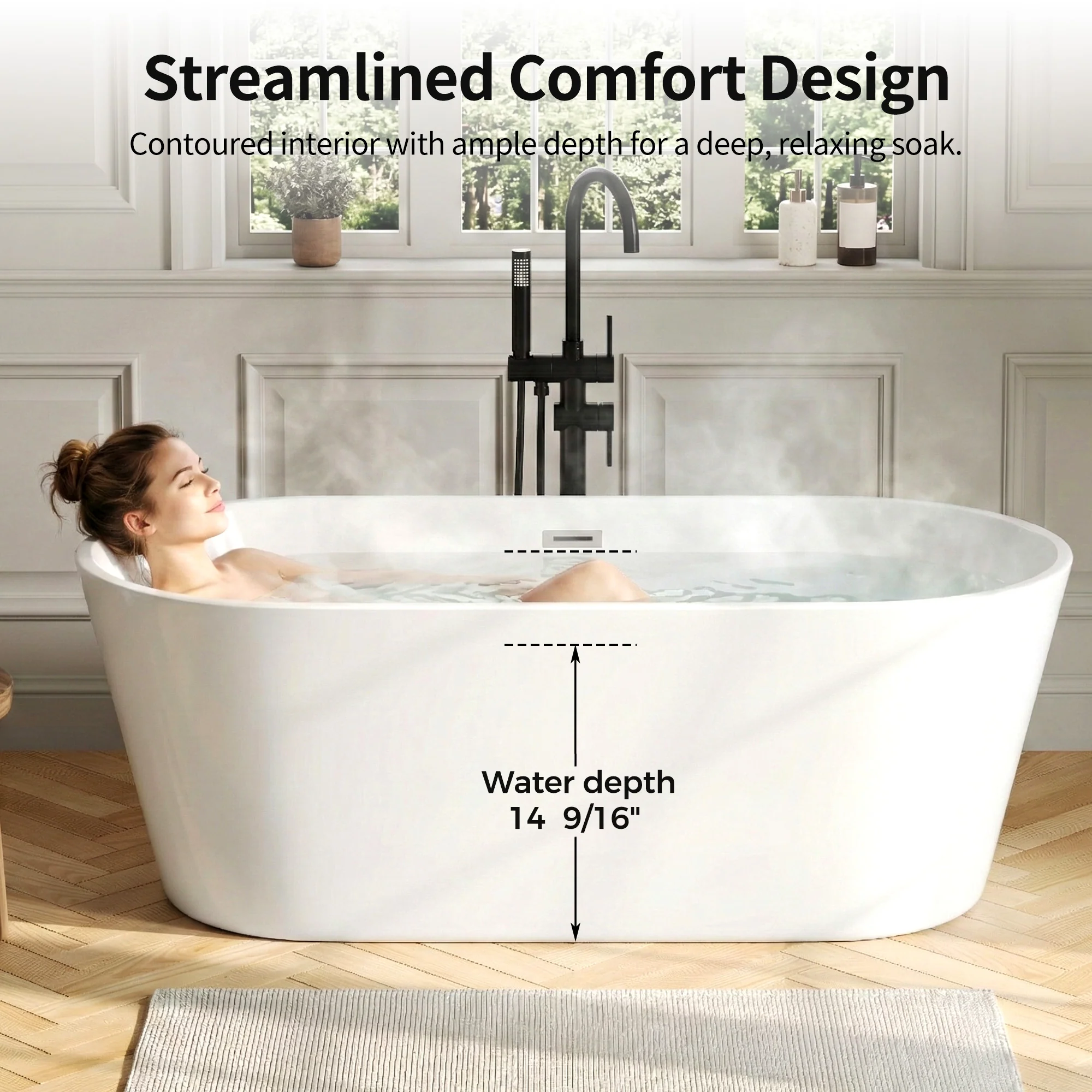 DeerValley DV-1T133S 67"Acrylic Freestanding Bathtub, Deep Soaking Tub with Center Drain & Integrated Overflow, Modern White Standalone Shower Tub Ergonomic Design - Image 19