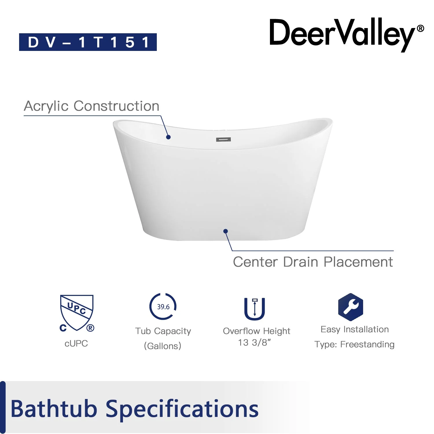 DeerValley DV-1T151S HORIZON 59" X 30" Freestanding Acrylic Bathtub - Image 15