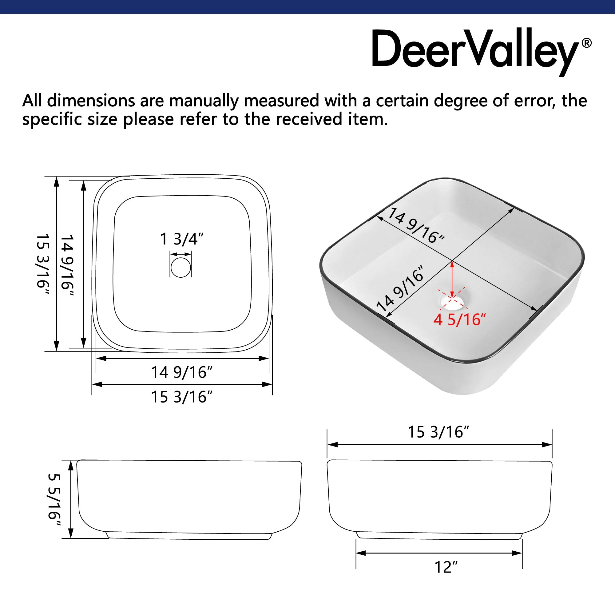 ACE 15" Square Vessel Bathroom Sink, Without Overflow - Image 7