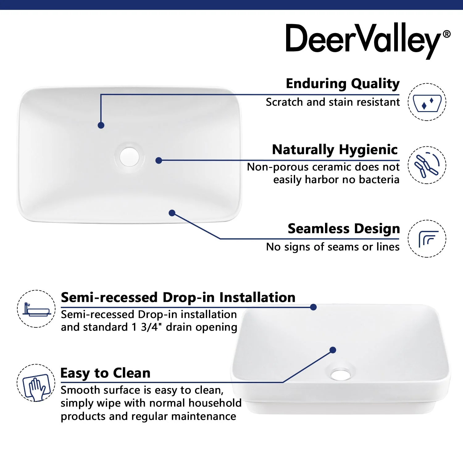 DeerValley DV-1V0047 Vessel Sinks Modern Semi-Recessed Durable Ceramic Easy Clean - Image 10