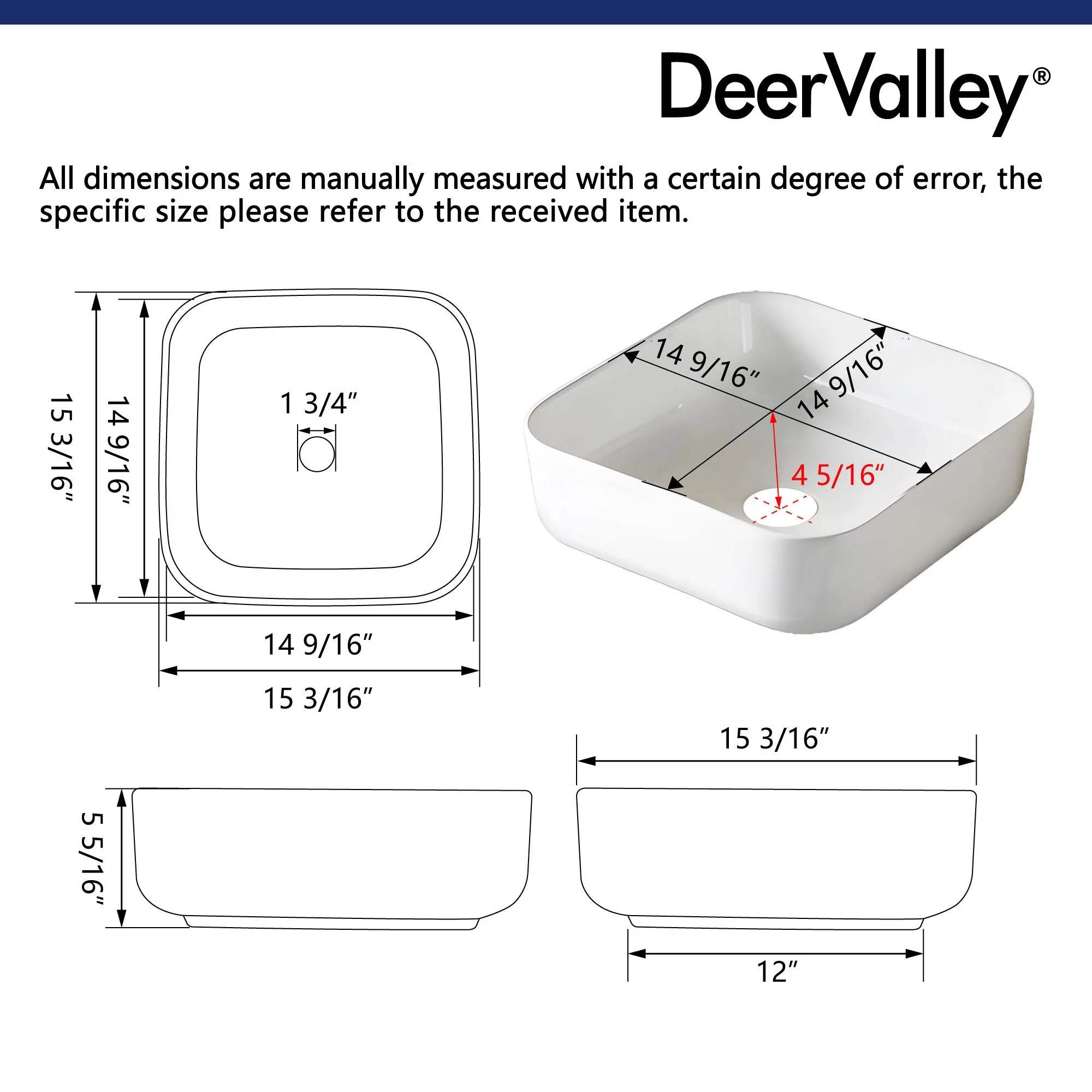ACE 15" Square Vessel Bathroom Sink, Without Overflow - Image 8