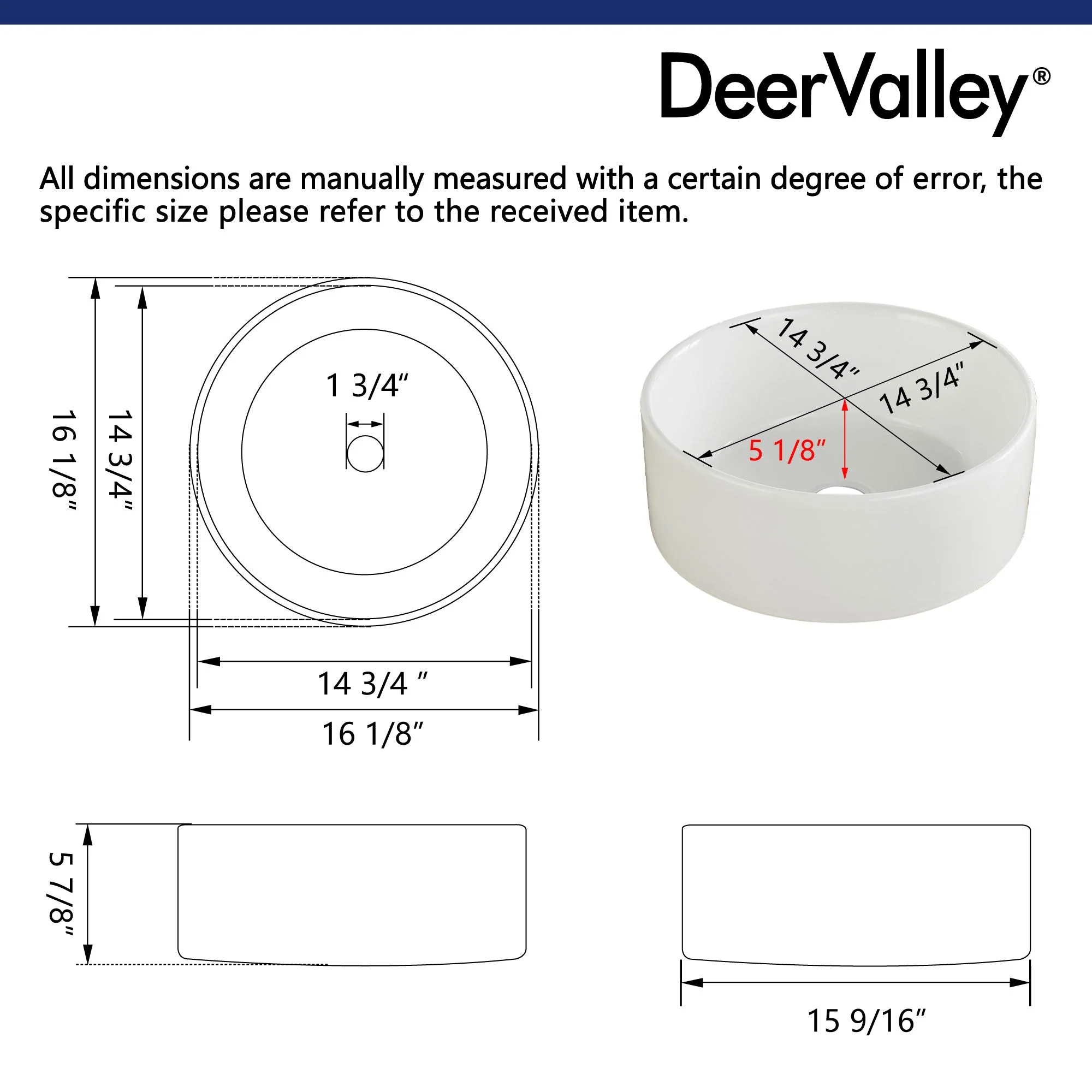 SYMMETRY 16" Round Vessel Bathroom Sink, Without Overflow - Image 9