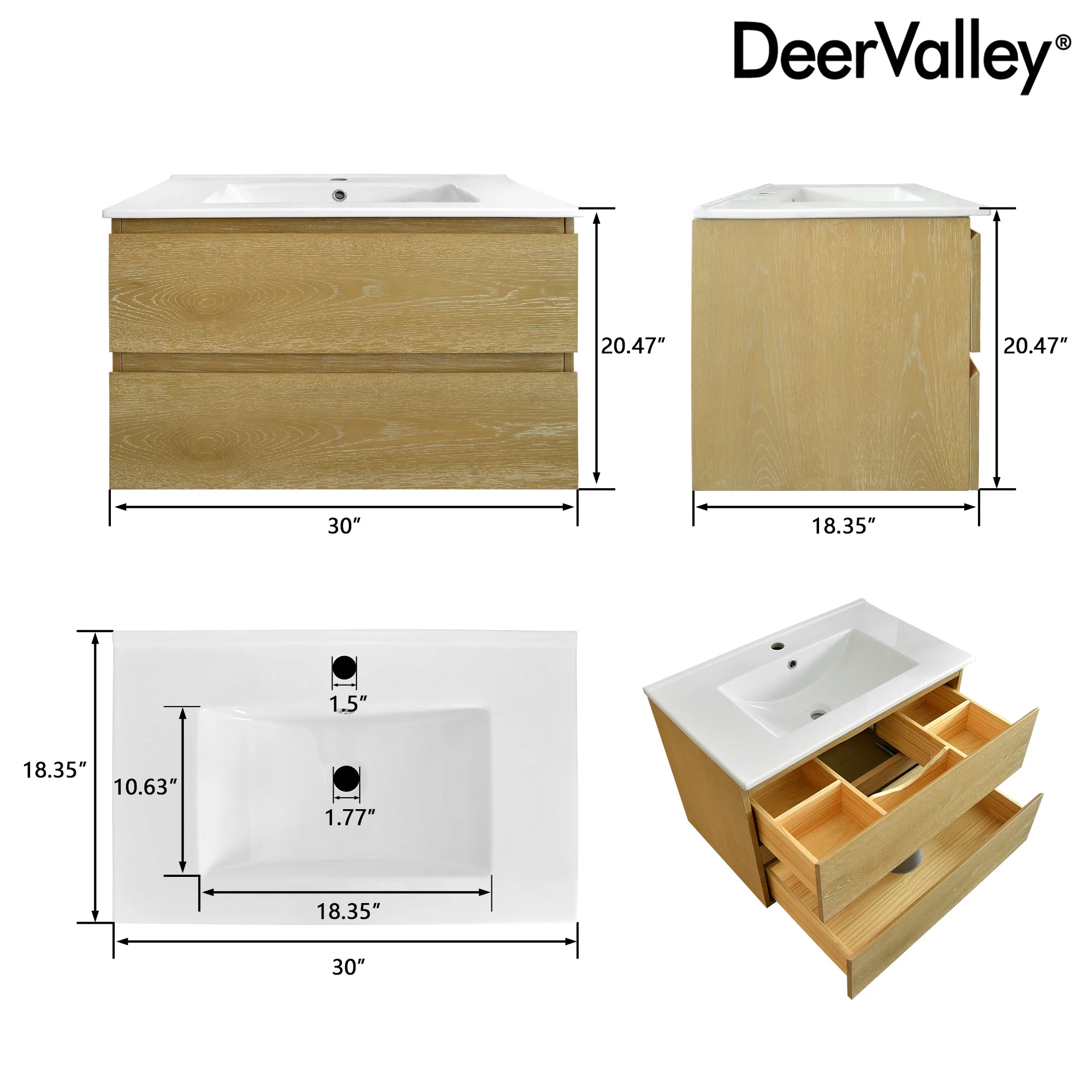 30" Rectangular Bathroom Vanity, with Ceramic Sink Wall-Mounting - Image 9