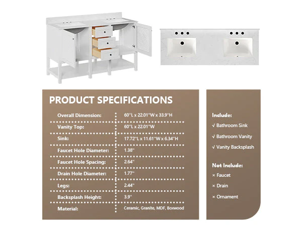 60" Rectangular Bathroom Vanity, with Ceramic Sink Top Set-up - Image 11