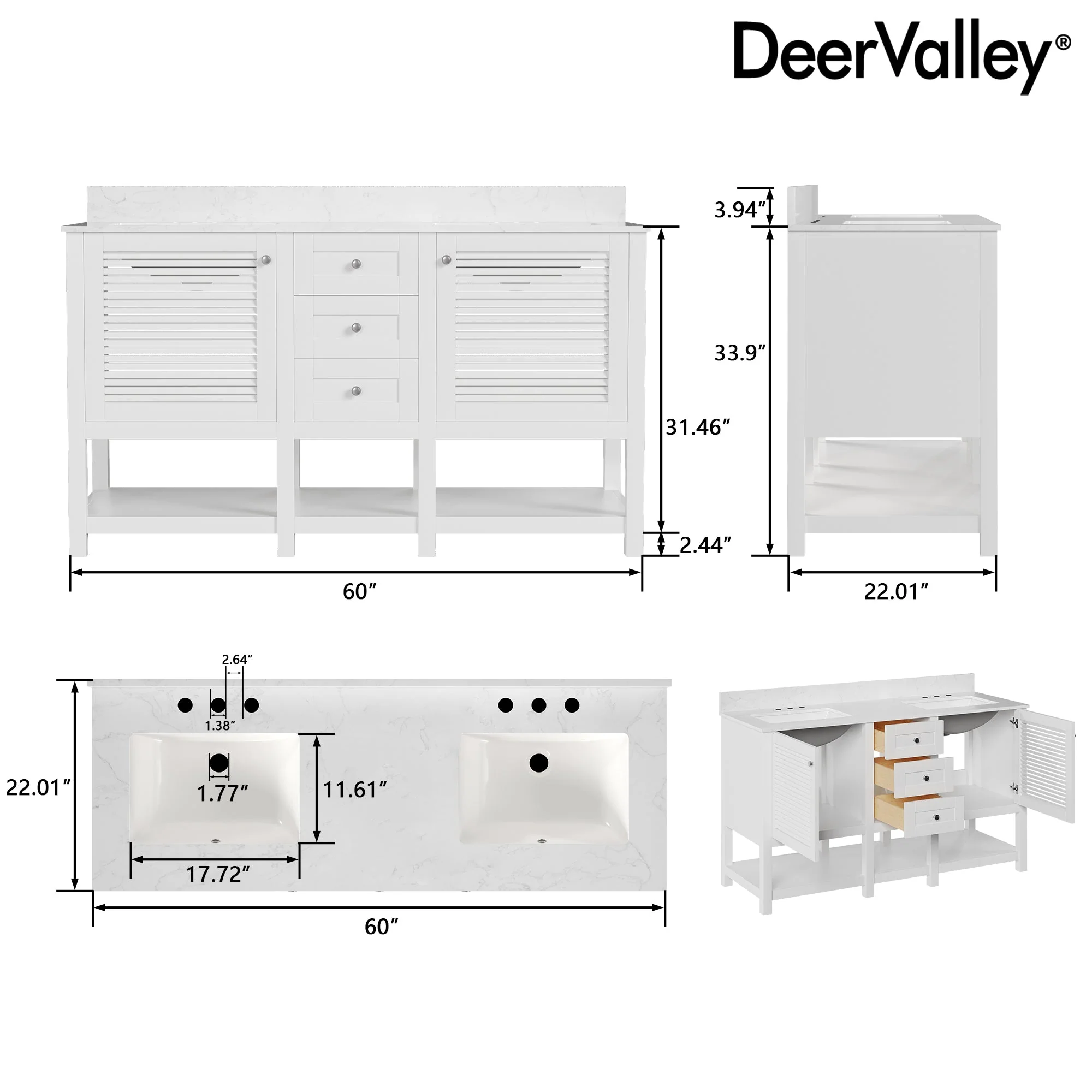60" Rectangular Bathroom Vanity, with Ceramic Sink Top Set-up - Image 7