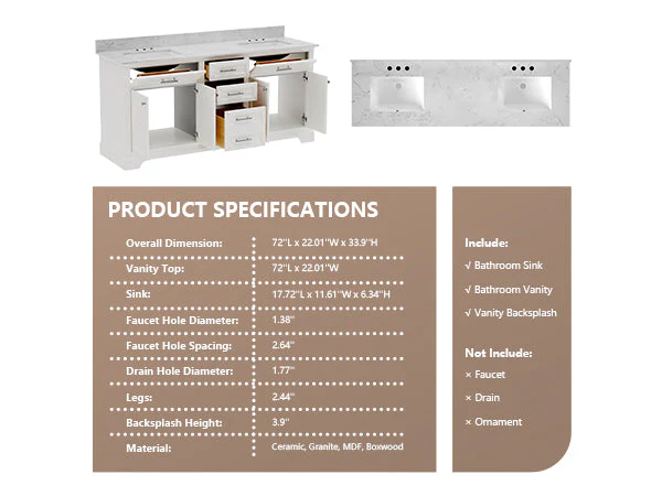 DeerValley DV-1BV0158W Bathroom Vanities 72-Inch Dual Sink Soft-Close Storage - Image 11