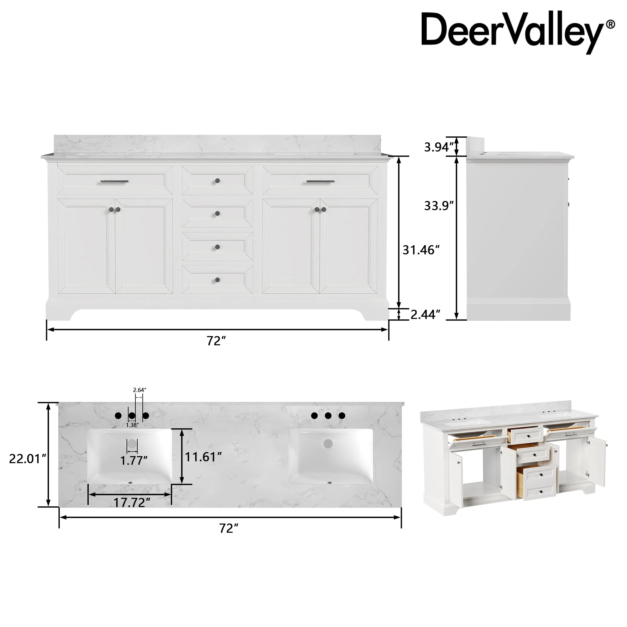 DeerValley DV-1BV0158W Bathroom Vanities 72-Inch Dual Sink Soft-Close Storage - Image 7