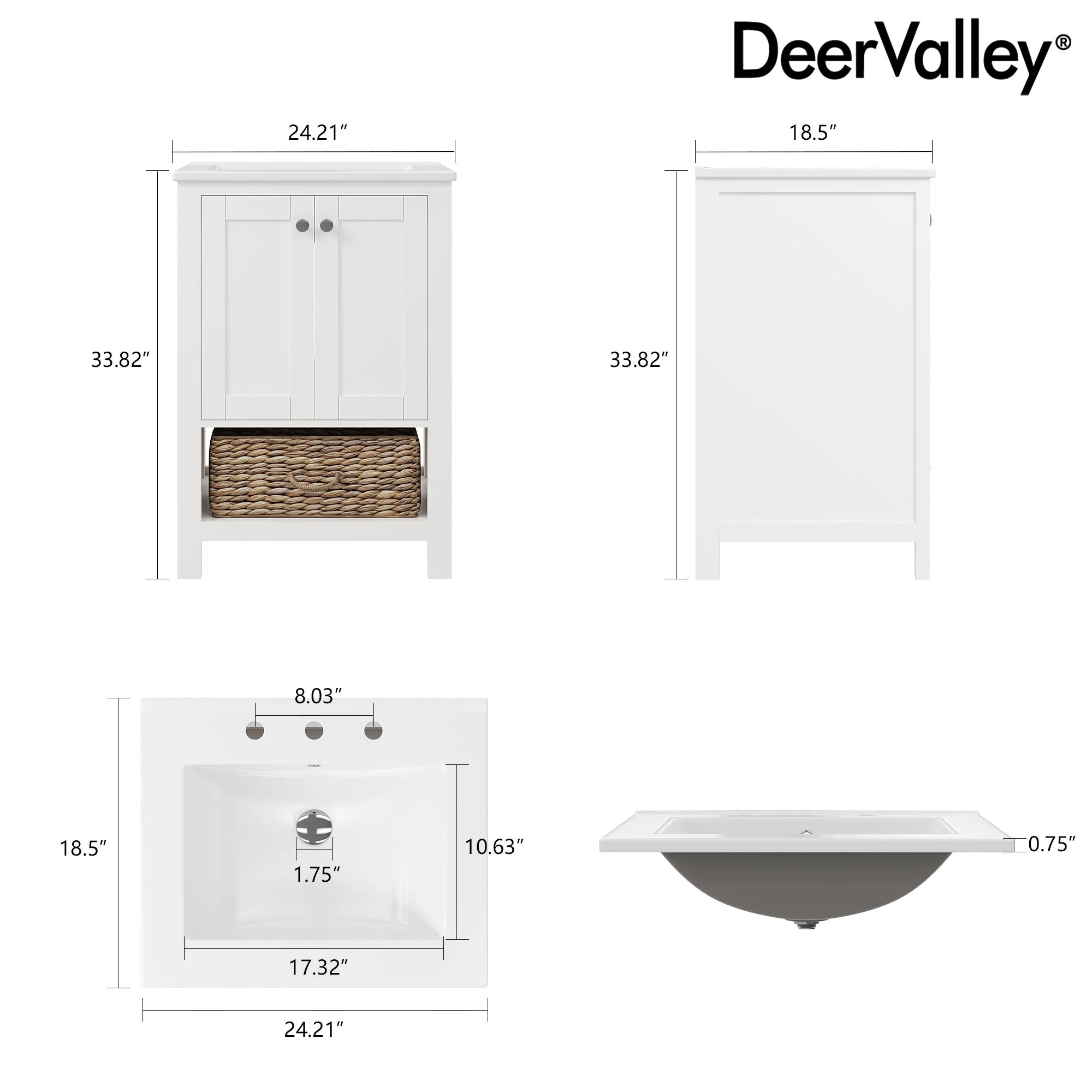 24" Pre-assembled Bathroom Vanity with Sink and Woven Storage Basket, 24 Inch White Vanity for Bathroom with Pre-drilled Holes, White. - Image 10