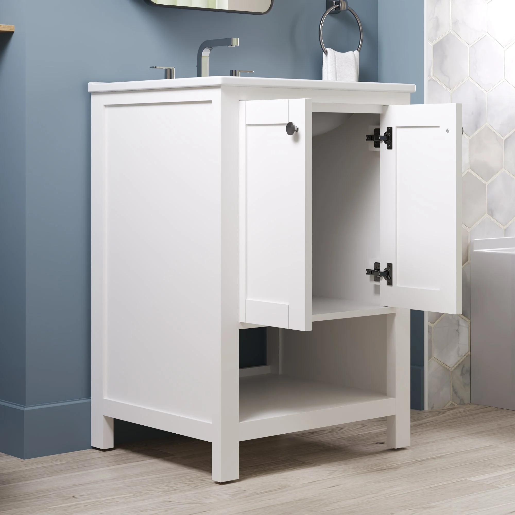 24" Pre-assembled Bathroom Vanity with Sink and Woven Storage Basket, 24 Inch White Vanity for Bathroom with Pre-drilled Holes, White. - Image 14