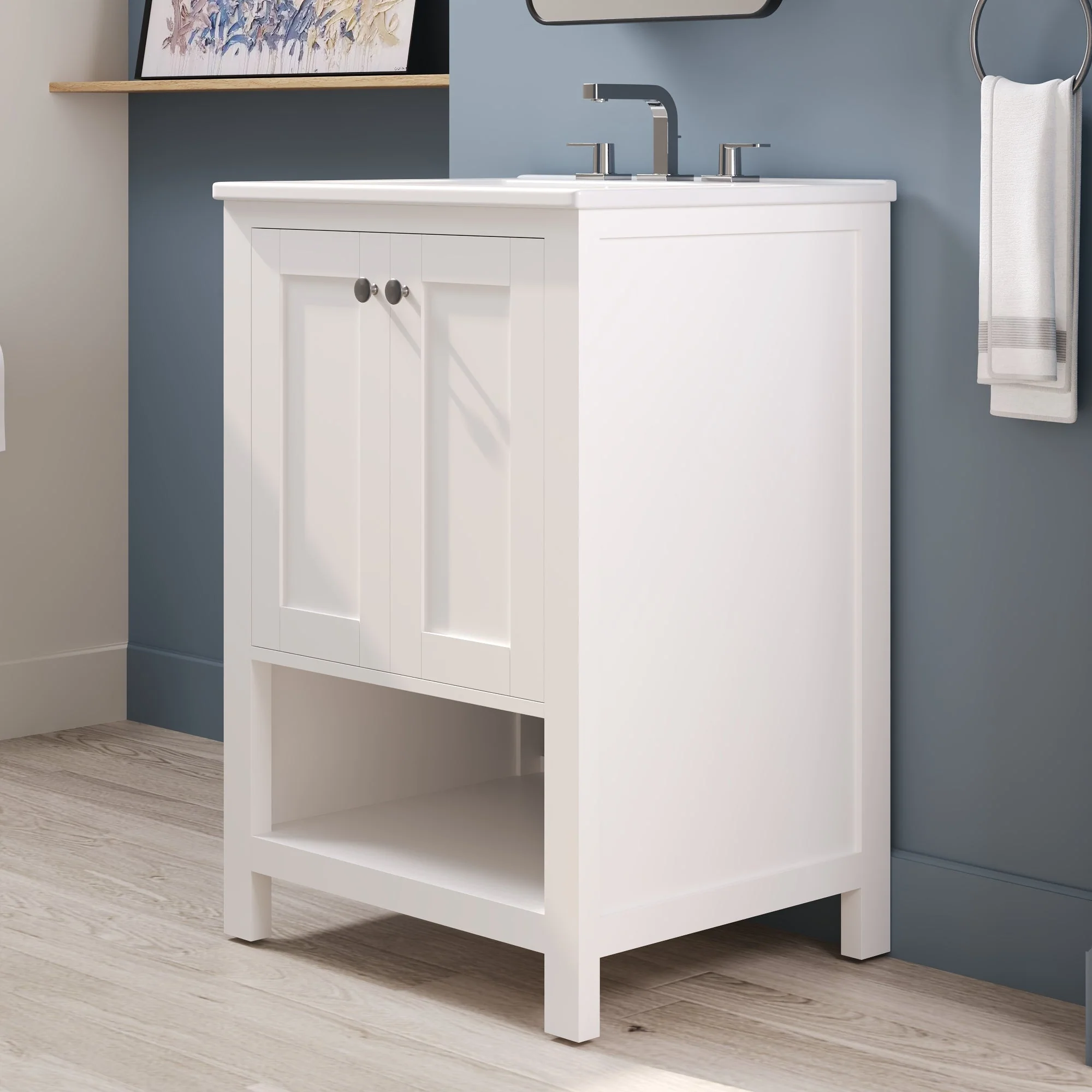 24" Pre-assembled Bathroom Vanity with Sink and Woven Storage Basket, 24 Inch White Vanity for Bathroom with Pre-drilled Holes, White. - Image 15