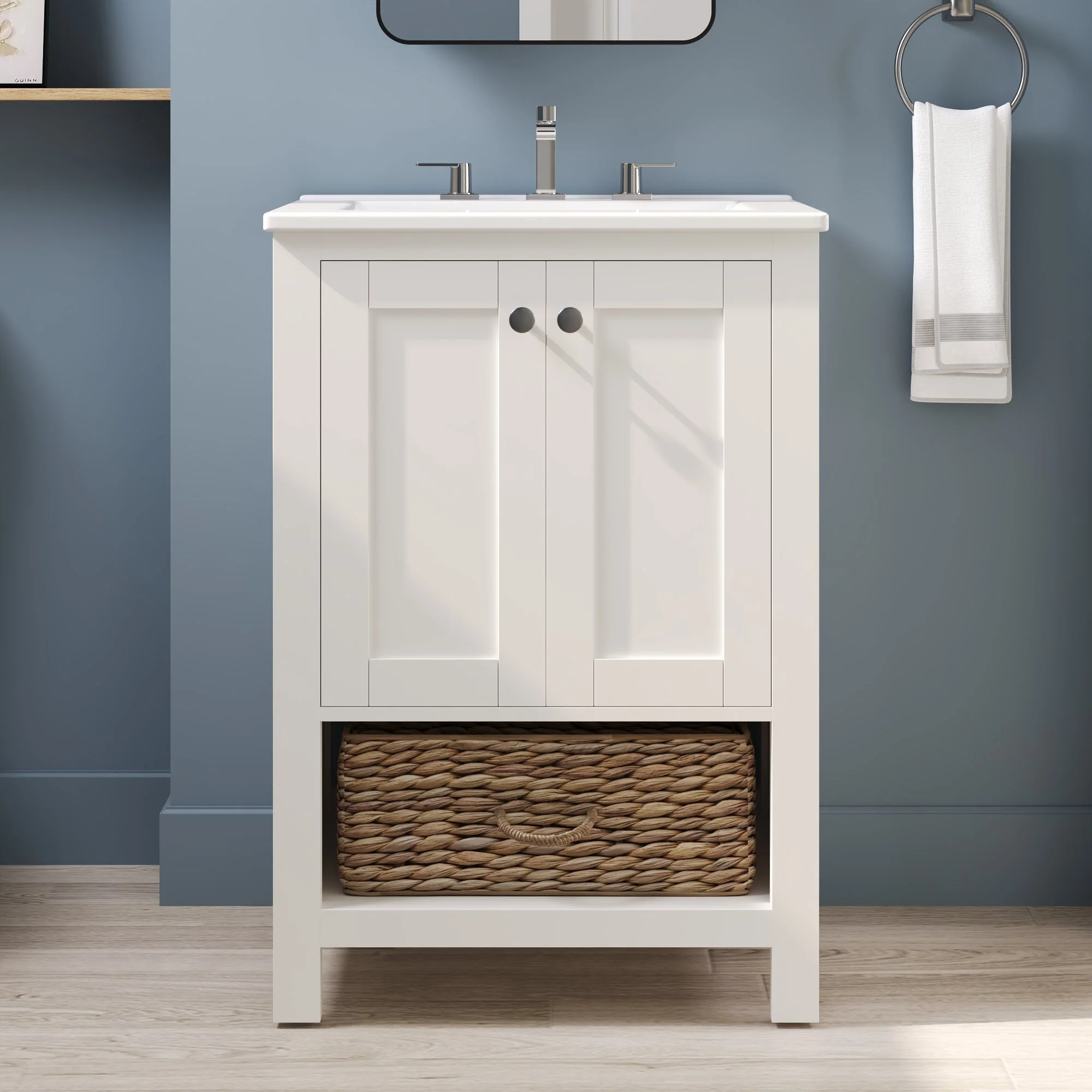 24" Pre-assembled Bathroom Vanity with Sink and Woven Storage Basket, 24 Inch White Vanity for Bathroom with Pre-drilled Holes, White. - Image 2