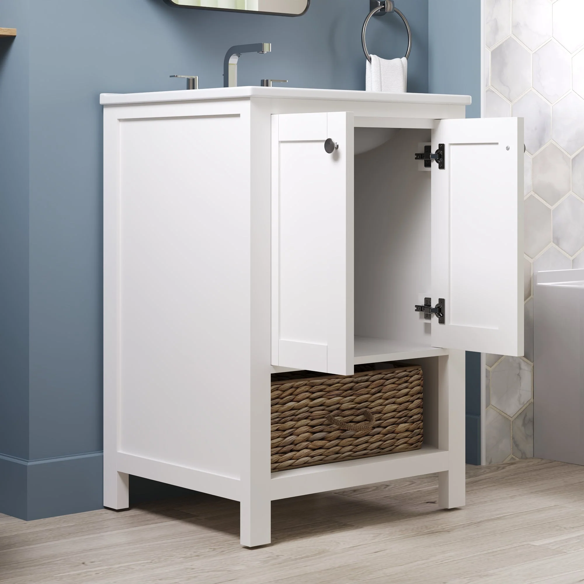24" Pre-assembled Bathroom Vanity with Sink and Woven Storage Basket, 24 Inch White Vanity for Bathroom with Pre-drilled Holes, White. - Image 3