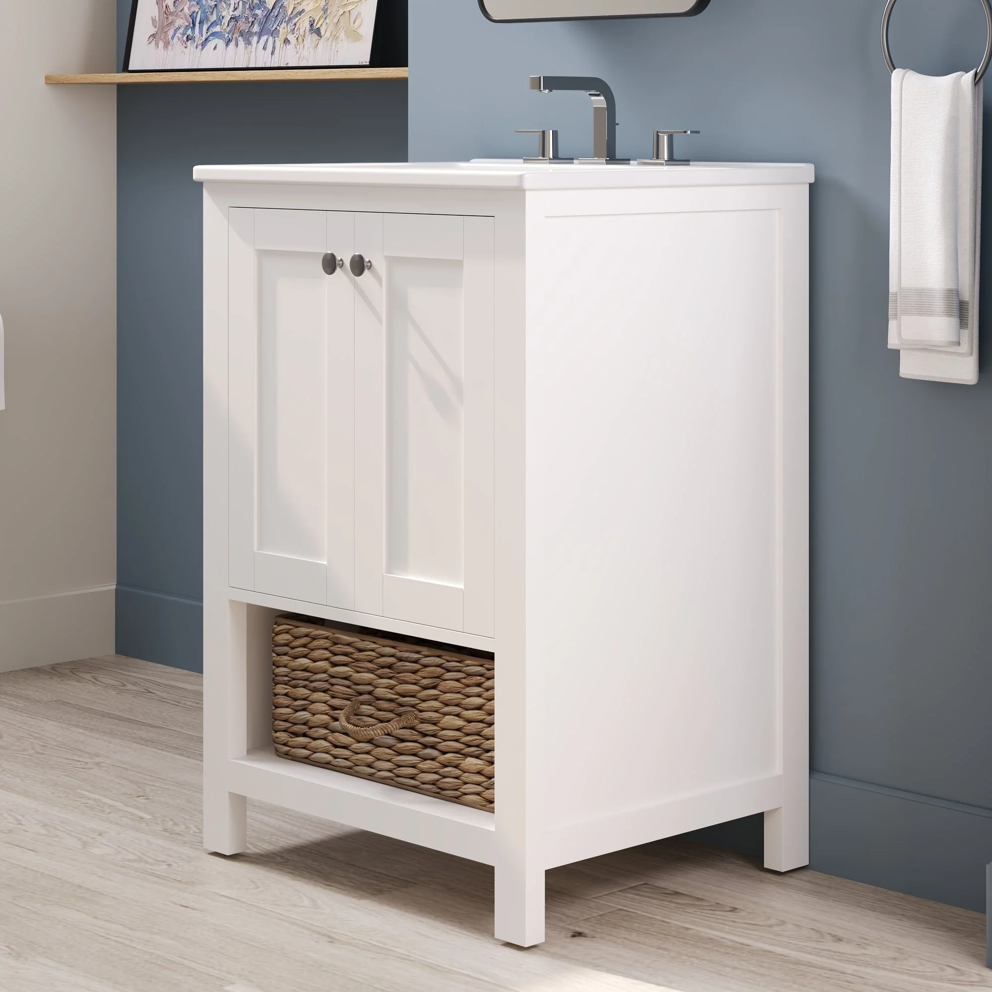 24" Pre-assembled Bathroom Vanity with Sink and Woven Storage Basket, 24 Inch White Vanity for Bathroom with Pre-drilled Holes, White. - Image 4